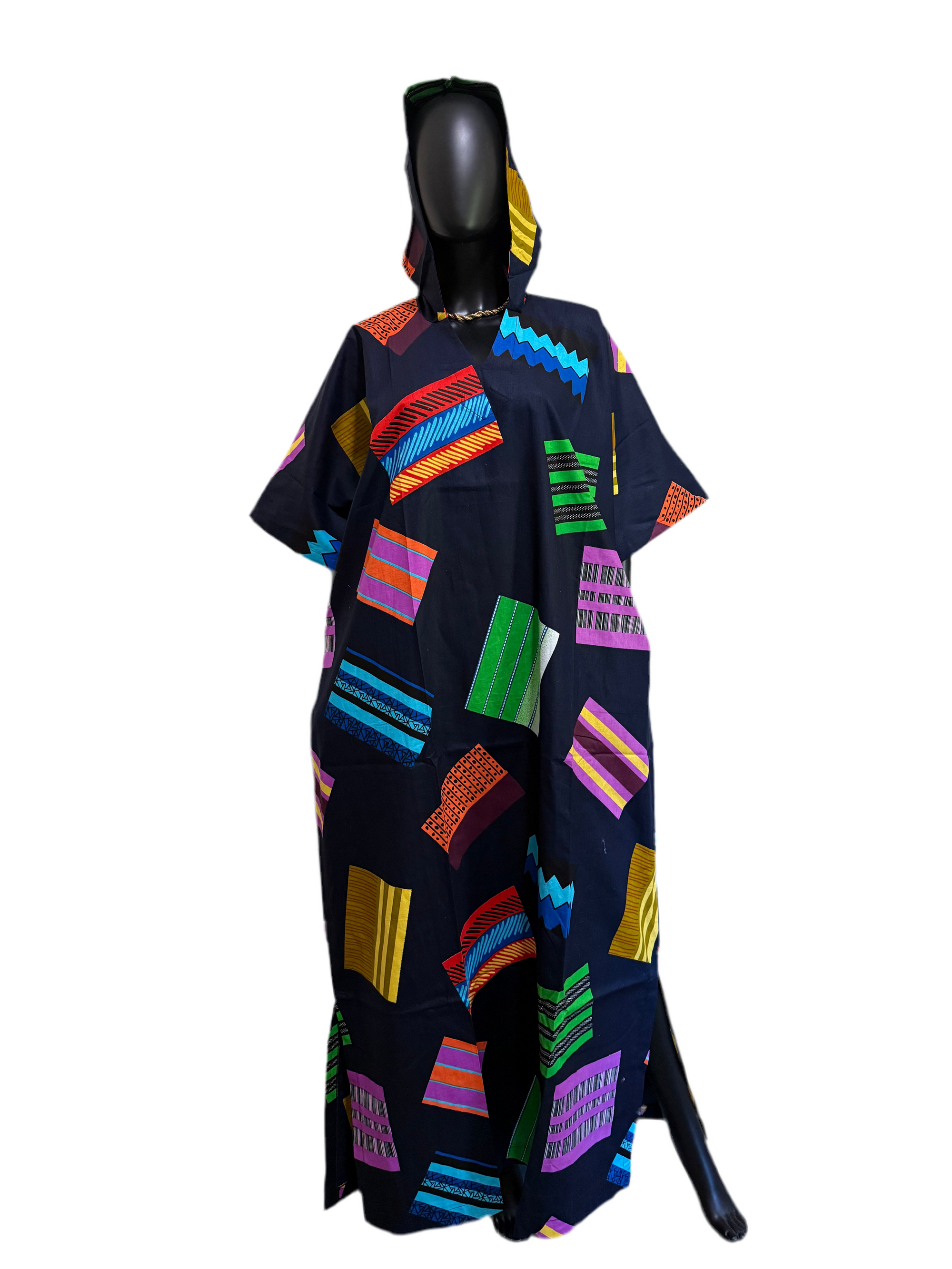 Hooded Ankara Bubu with Pockets – 62” Long African Kaftan Dress
