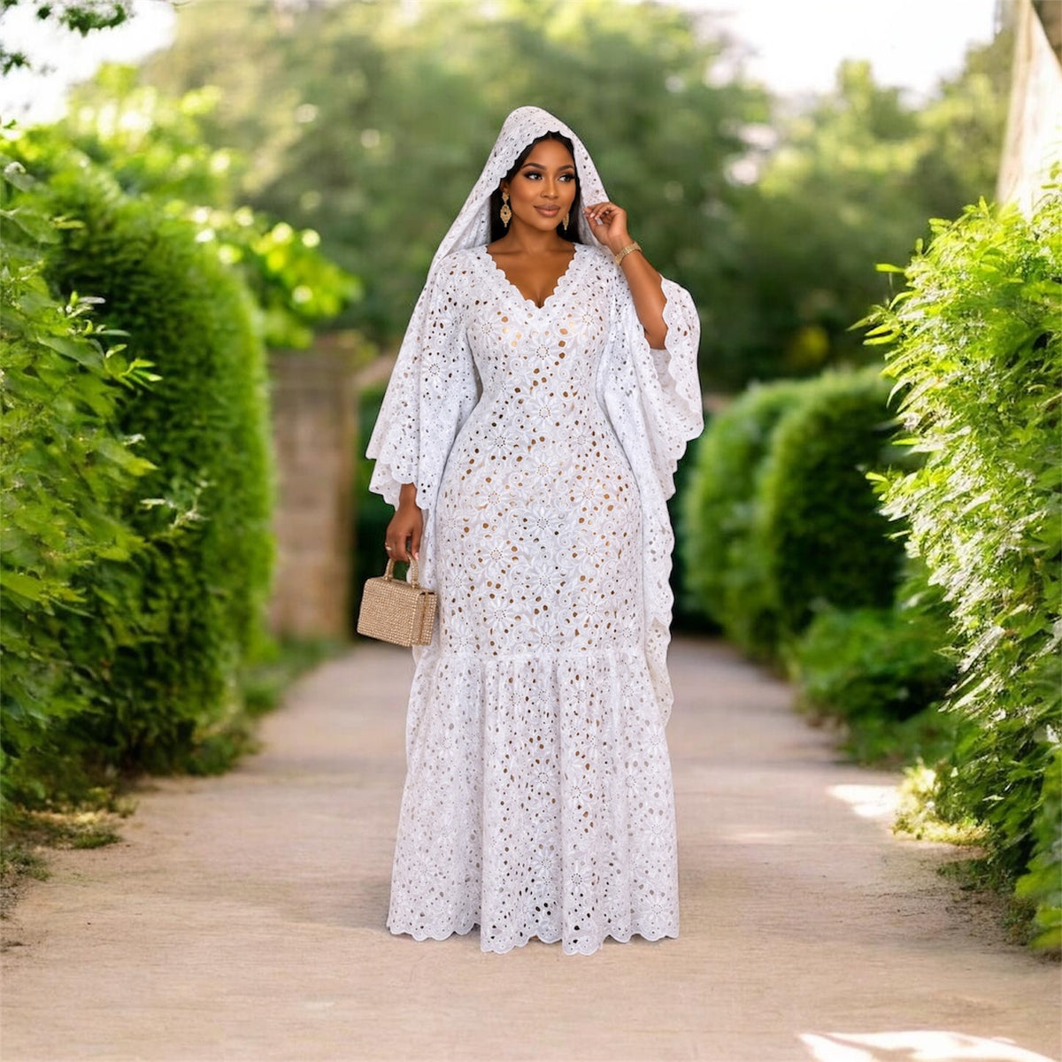 White Lace Bubu Dress with Head Wrap & Inner Belt