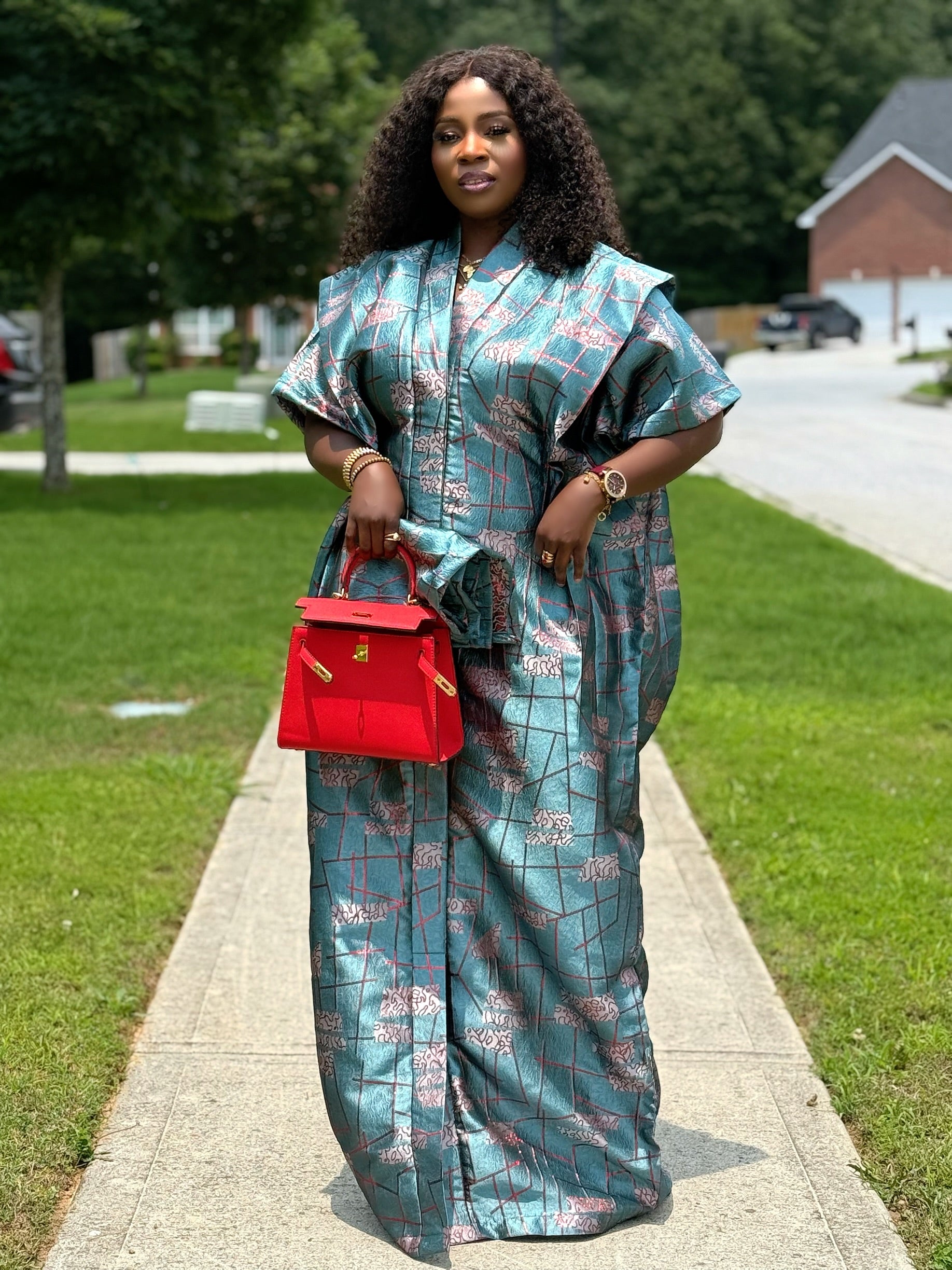SOPHIA Elegant Teal & Rose Bubu Set with Head Wrap