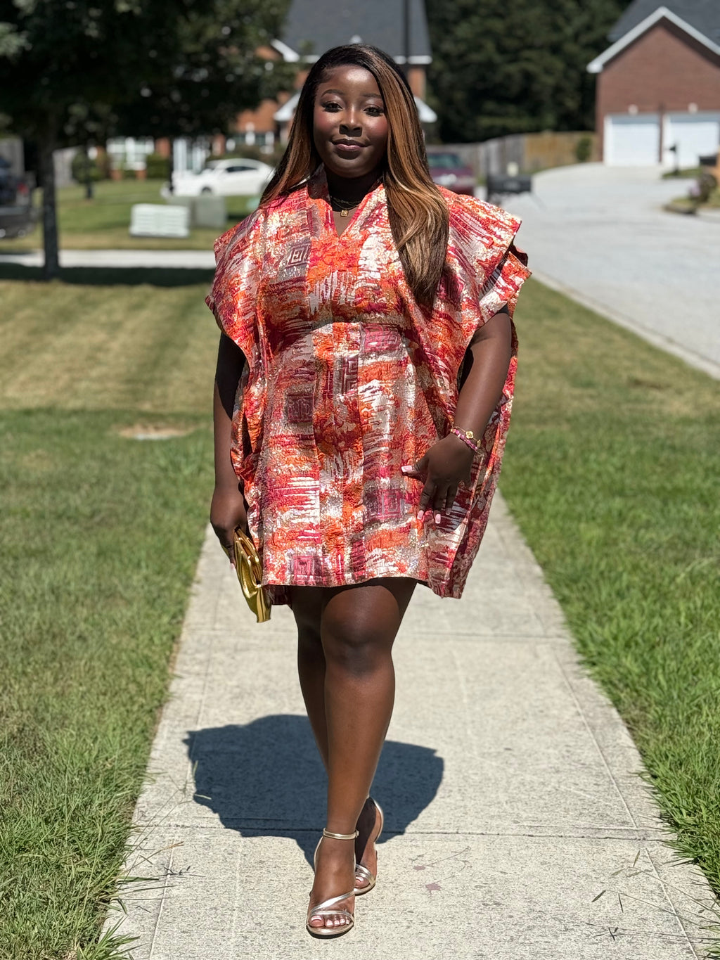 Chic Brocade Short Bubu with Hidden Belt & Head Wrap