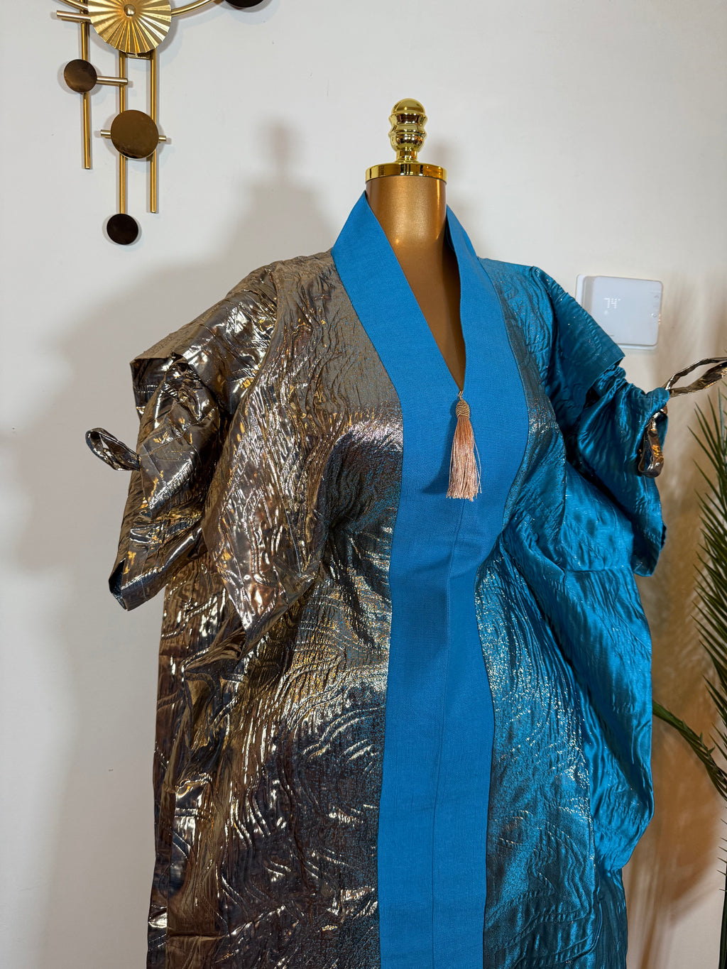 Blue Asoke Brocade Bubu Set 62” Luxury Kaftan with Head Wrap & Inner Belt