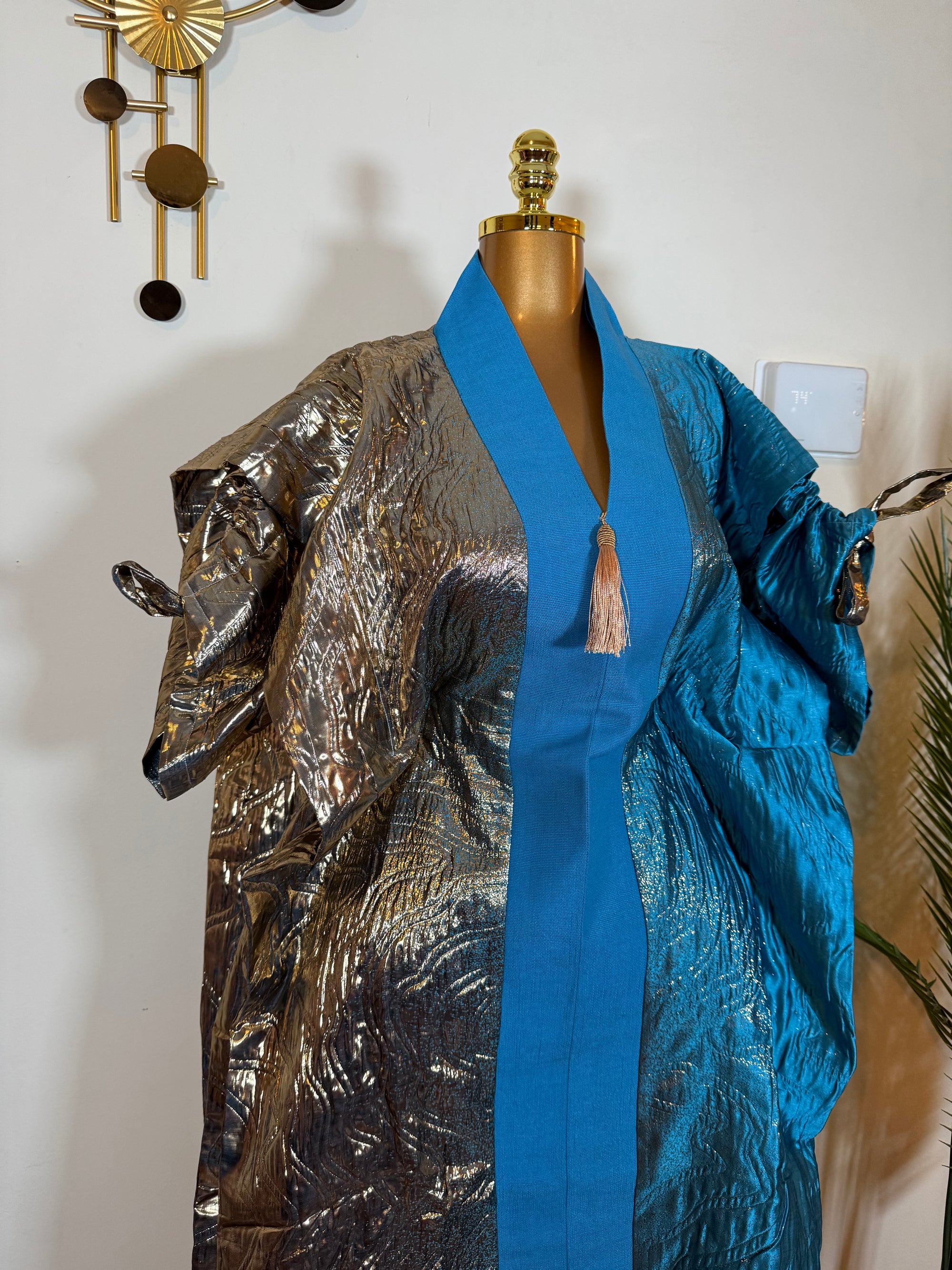 Blue Asoke Brocade Bubu Set 62” Luxury Kaftan with Head Wrap & Inner Belt