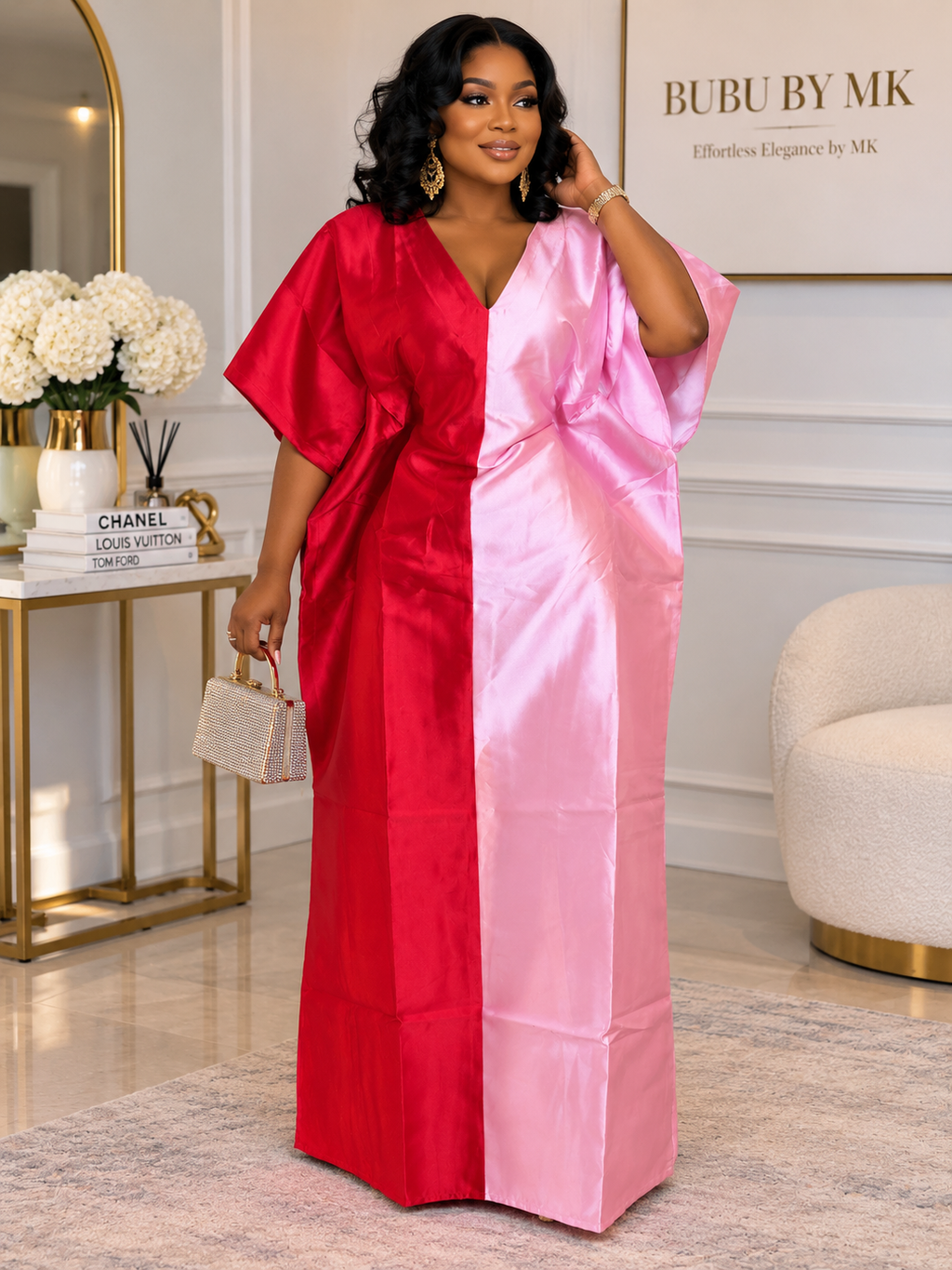 Red & Pink Mikado Bubu Dress with Head Wrap & Inner Belt