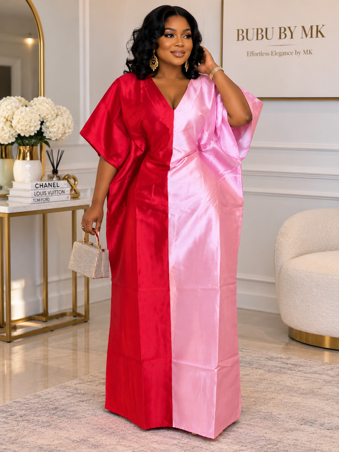 Red & Pink Mikado Bubu Dress with Head Wrap & Inner Belt