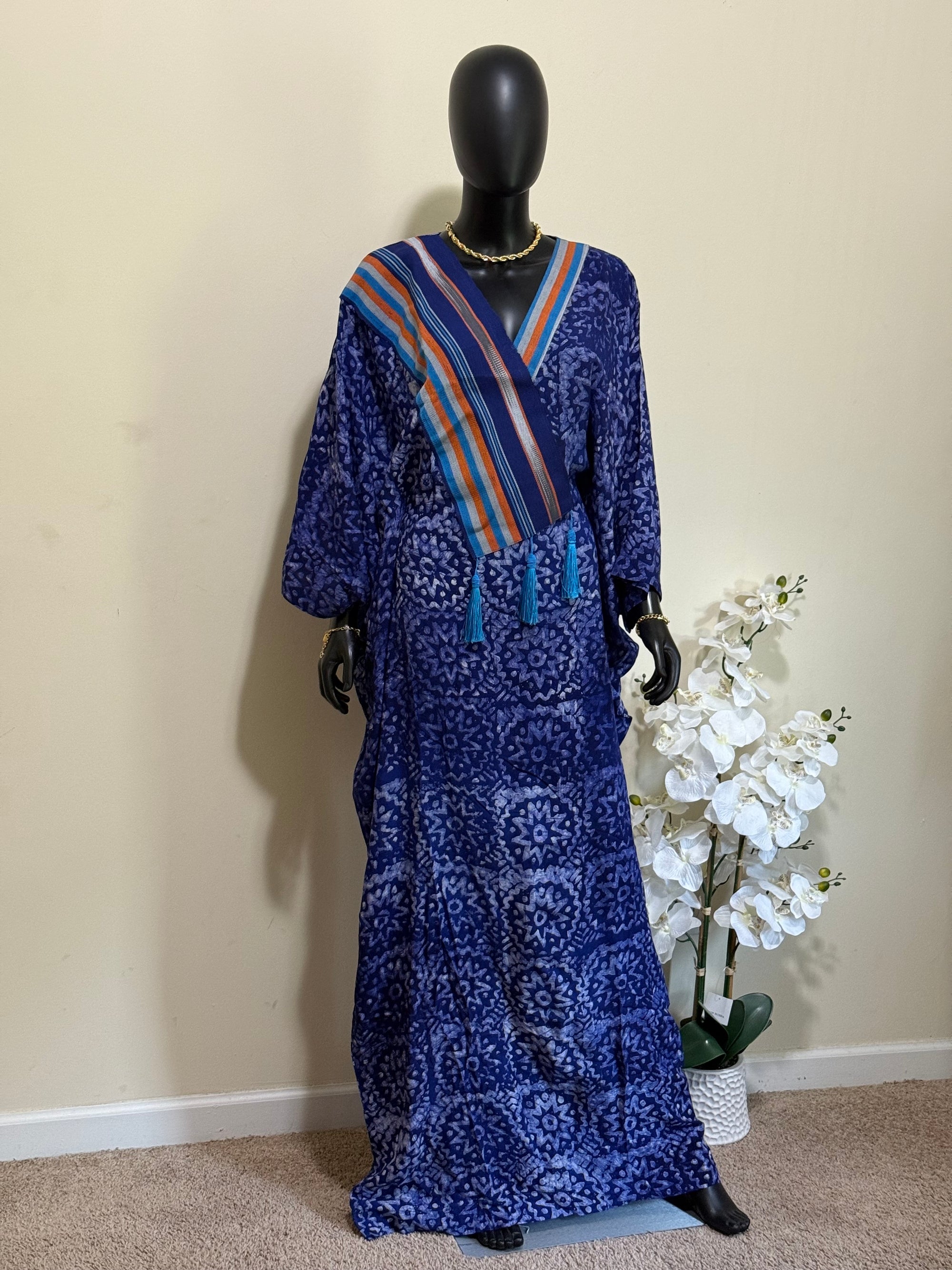 Elegant Cotton Adire Bubu with Asoke Neckline Design – 62” with Scarf