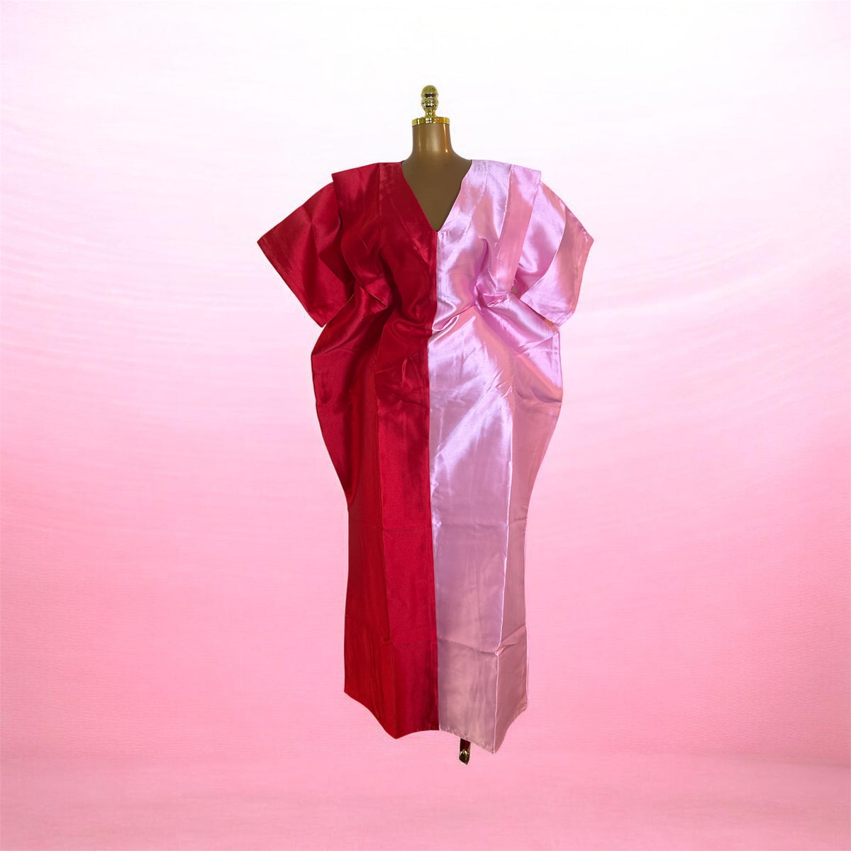 Red & Pink Mikado Bubu Dress with Head Wrap & Inner Belt