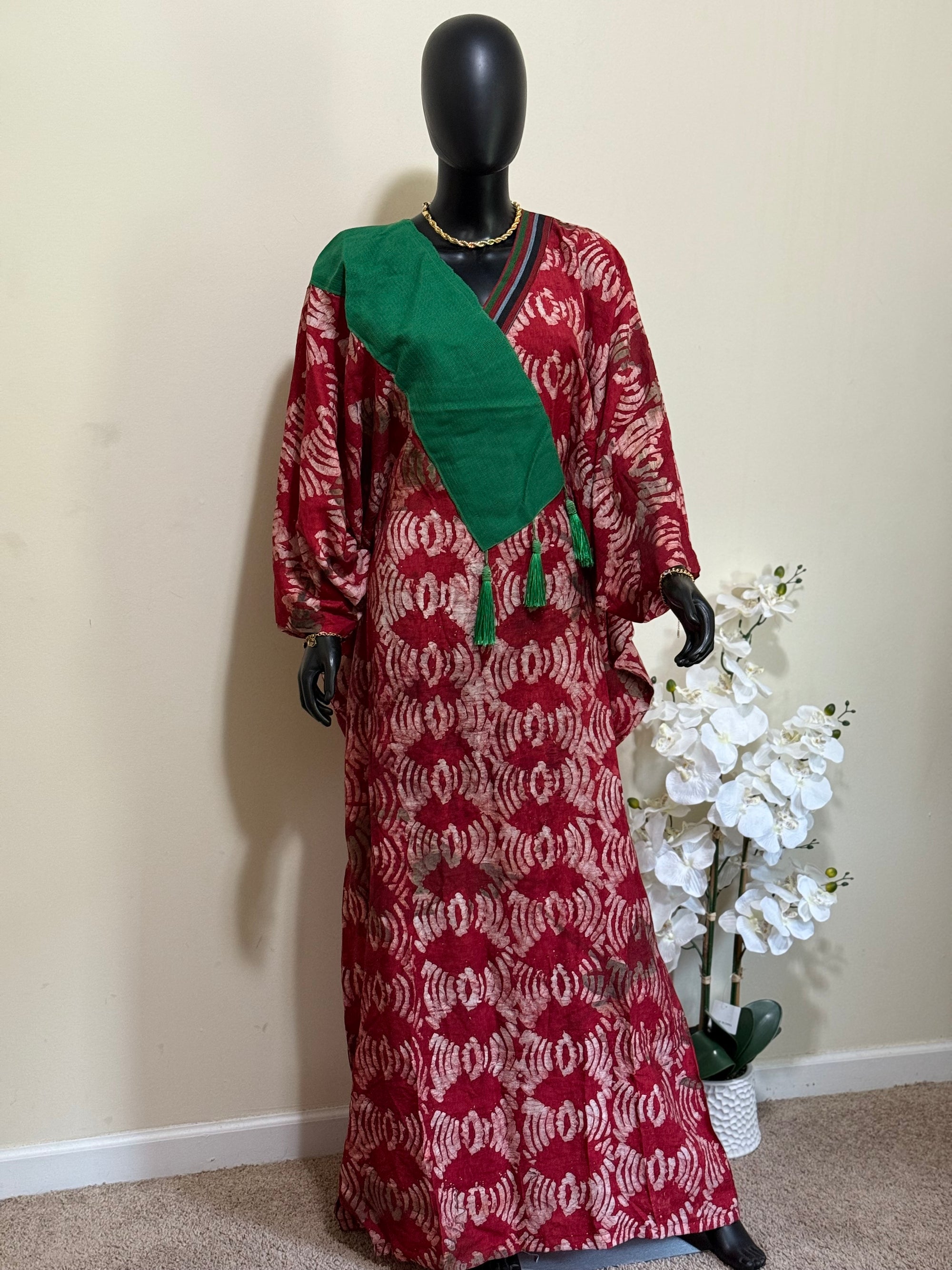 Elegant Cotton Adire Bubu with Asoke Neckline Design – 62” with Scarf