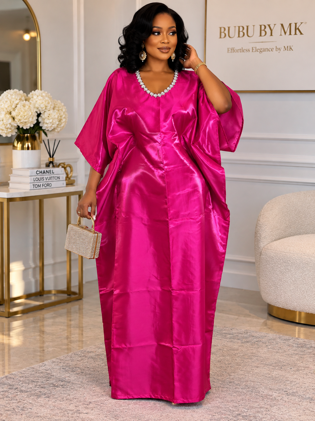 Shiny Mikado Bubu Dress with Head Wrap & Inner Belt