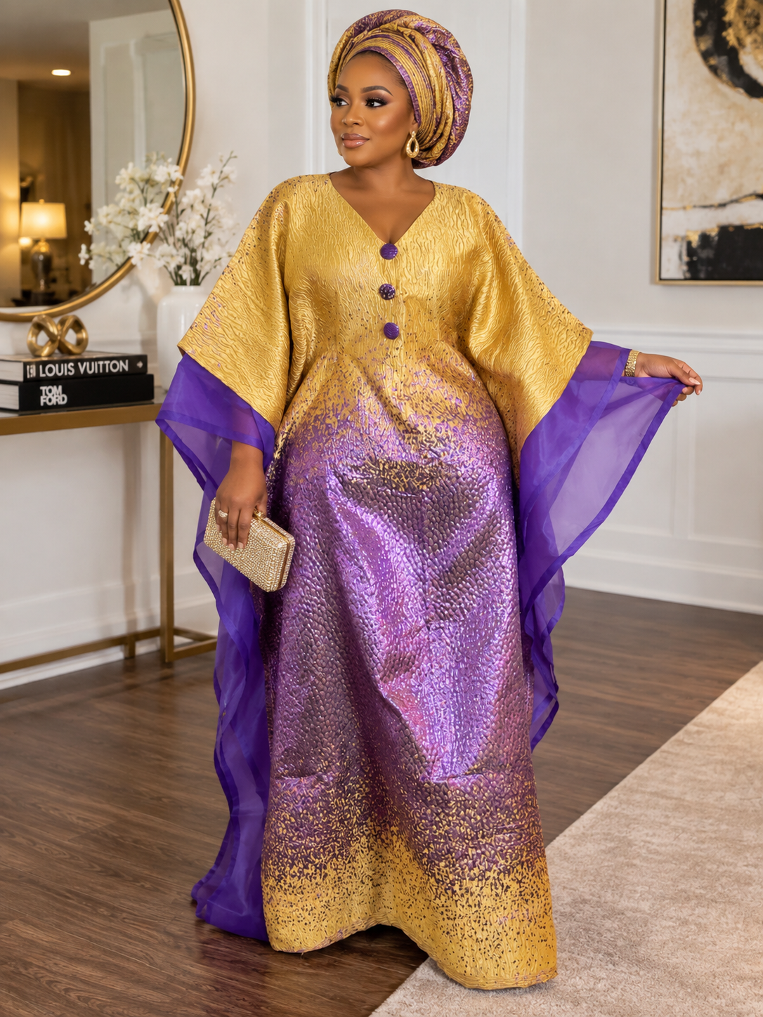 Luxury Gold & Purple Boubou Dress | African Kaftan Maxi Dress with Sheer Sleeves & Headwrap