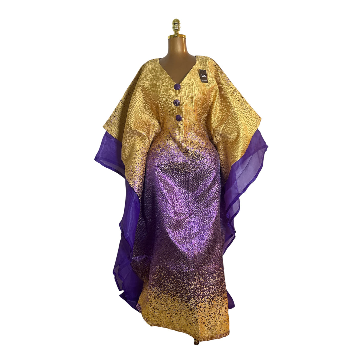 Luxury Gold & Purple Boubou Dress | African Kaftan Maxi Dress with Sheer Sleeves & Headwrap