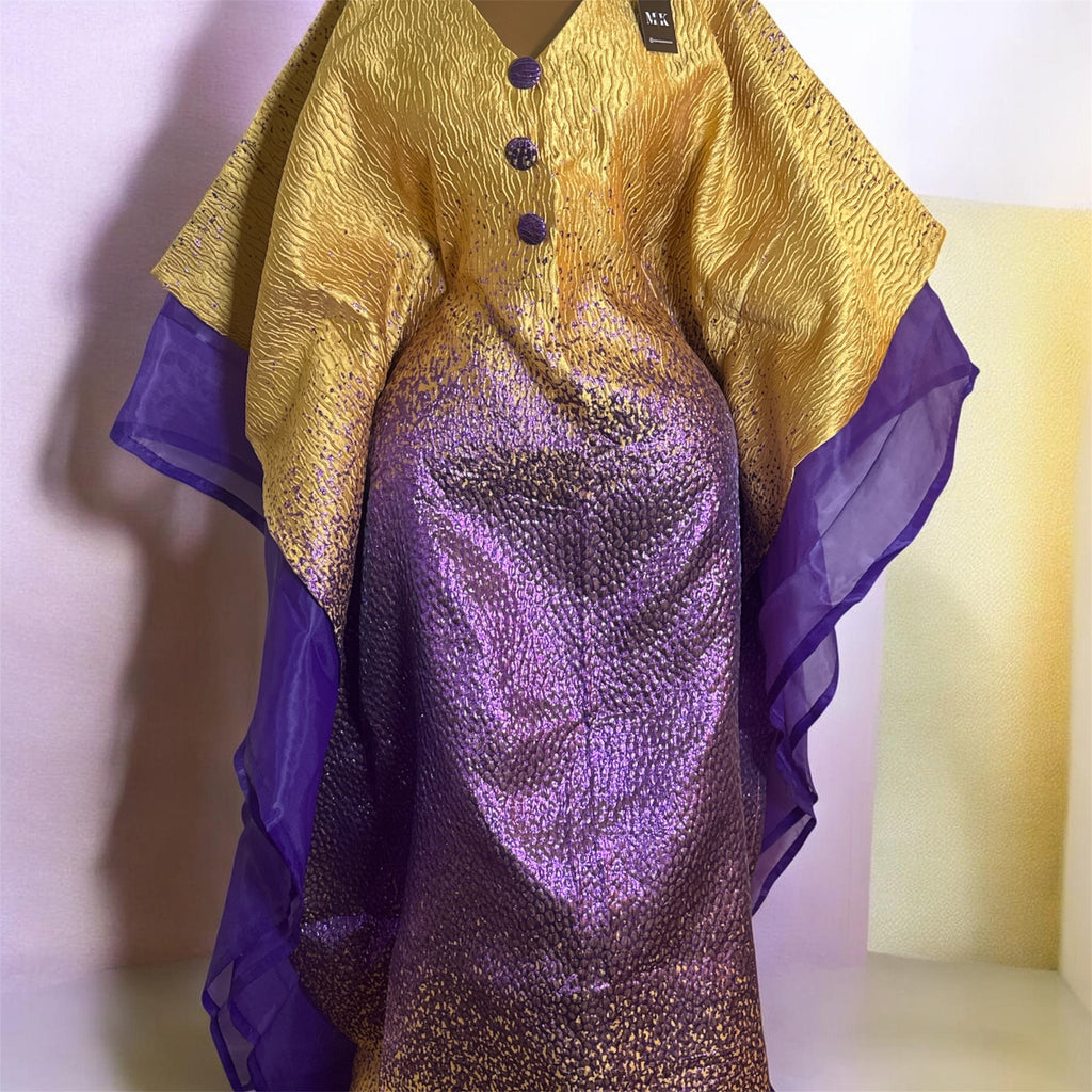 Luxury Gold & Purple Boubou Dress | African Kaftan Maxi Dress with Sheer Sleeves & Headwrap