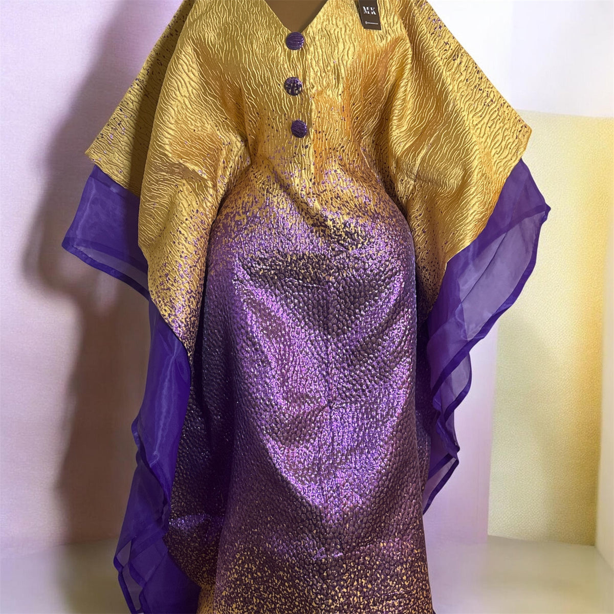 Luxury Gold & Purple Boubou Dress | African Kaftan Maxi Dress with Sheer Sleeves & Headwrap