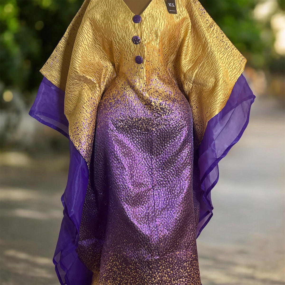 Luxury Gold & Purple Boubou Dress | African Kaftan Maxi Dress with Sheer Sleeves & Headwrap