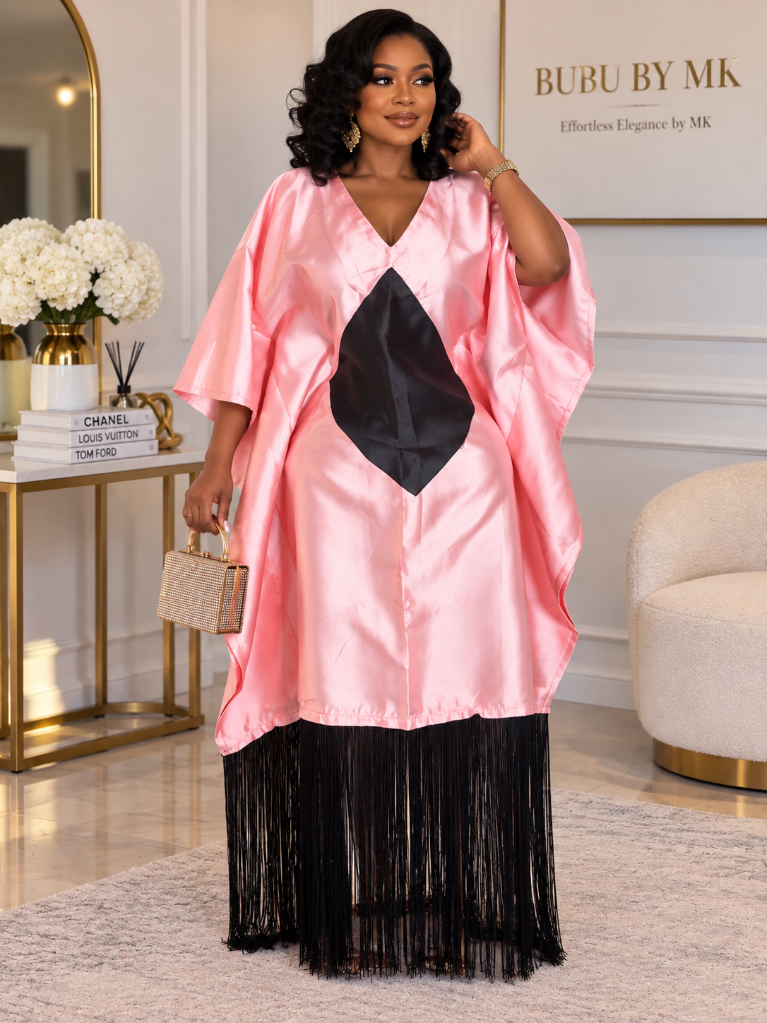 Peach & Black Mikado Bubu Dress with Fringe & Head Wrap