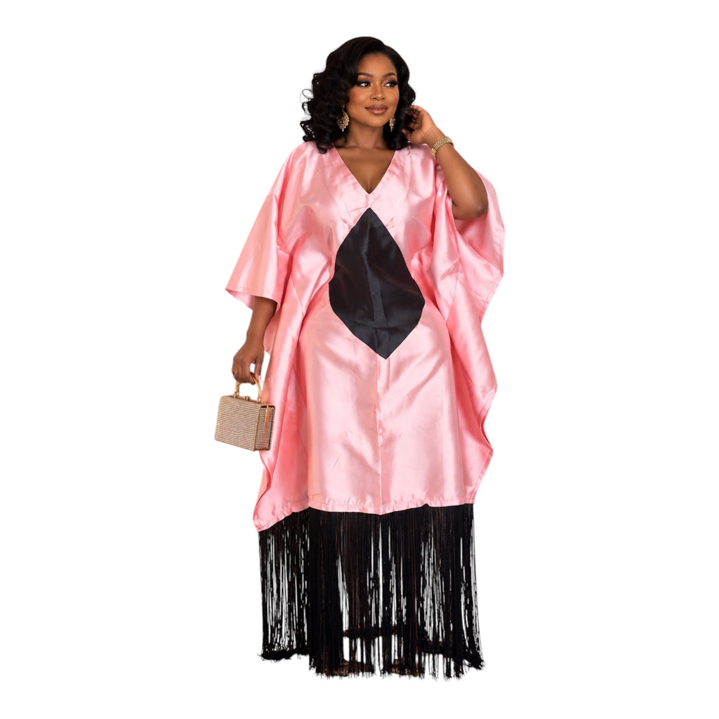 Peach & Black Mikado Bubu Dress with Fringe & Head Wrap