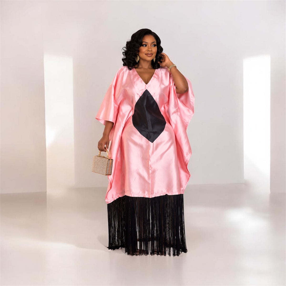 Peach & Black Mikado Bubu Dress with Fringe & Head Wrap