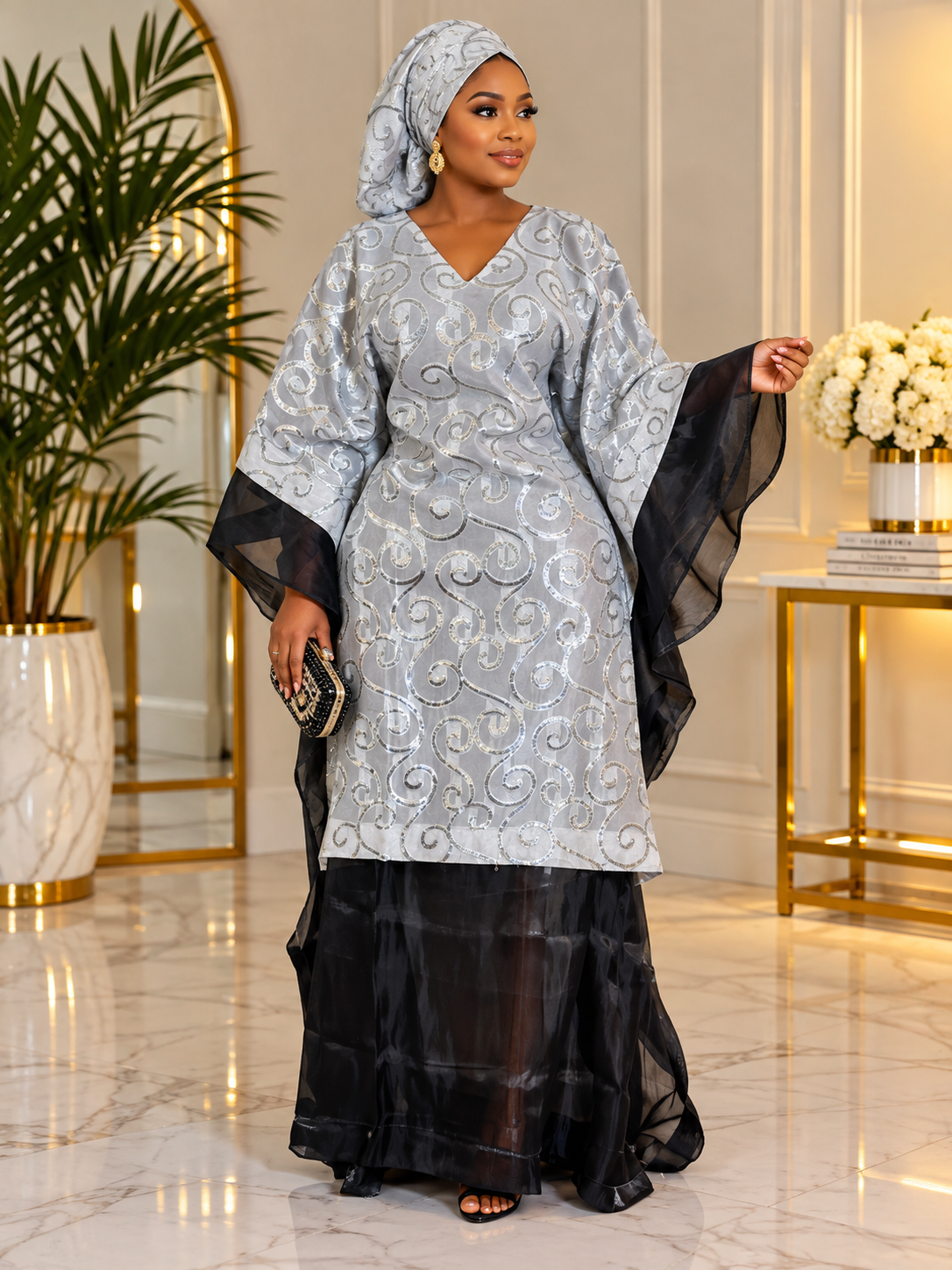 Silver Organza Overlay boubou Luxury Boubou Kaftan Dress