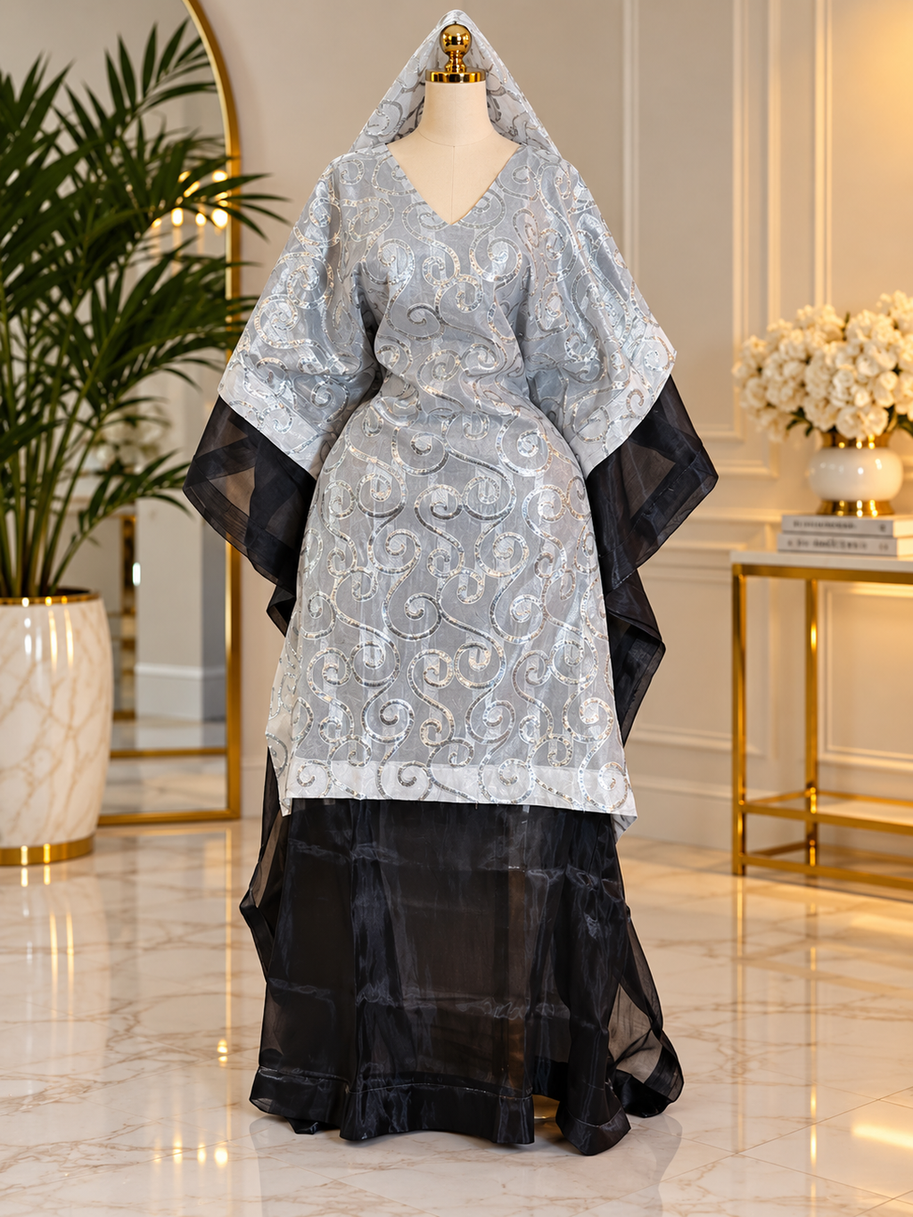 Silver Organza Overlay boubou Luxury Boubou Kaftan Dress