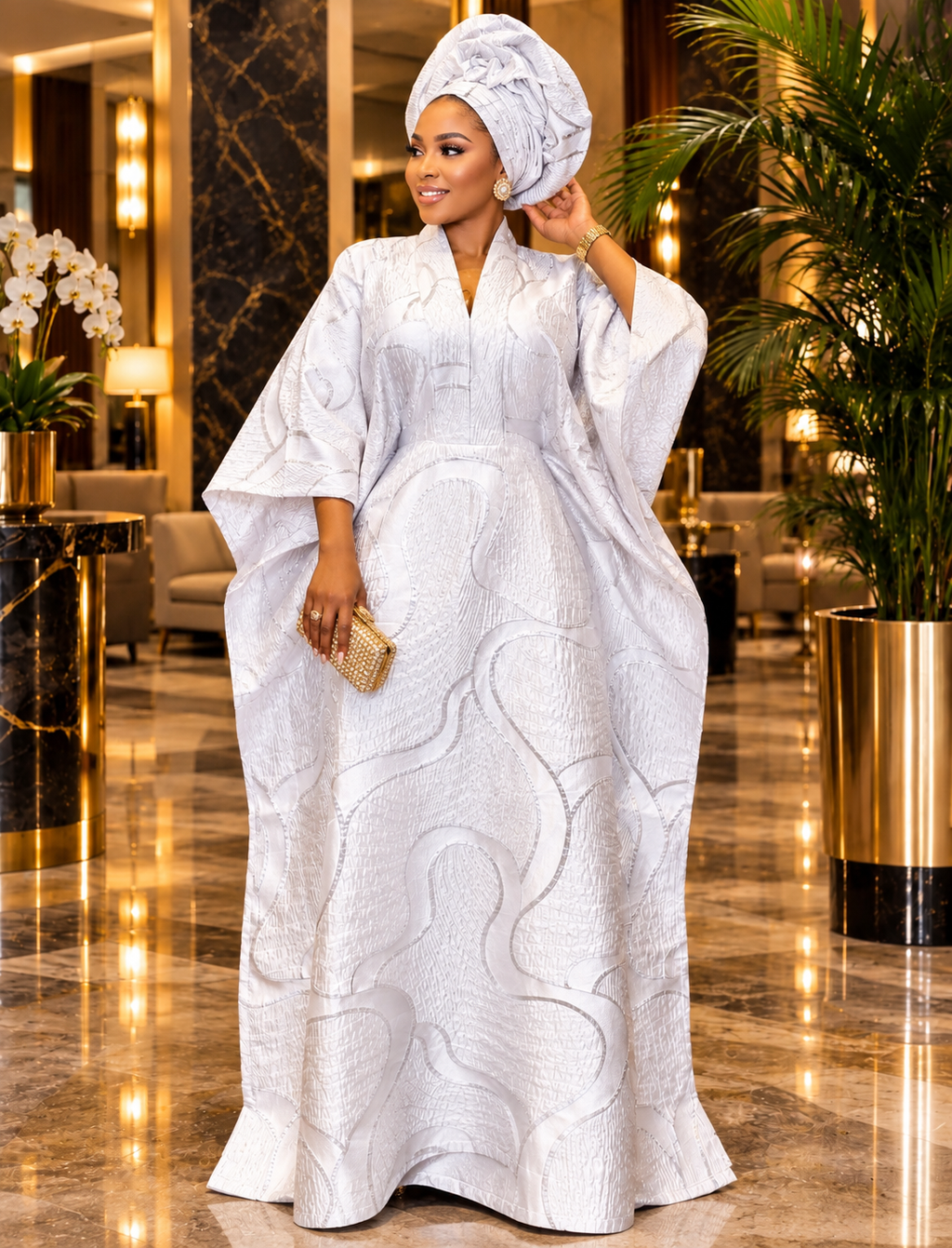 Luxury Brocade Boubou Dress with Head Wrap | Full-Length African Kaftan Dress | One Size Fits All