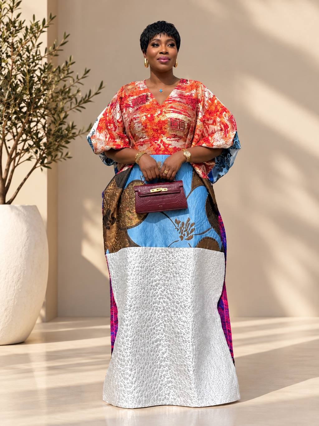 Luxury Mixed Brocade Boubou Dress for Women – Puff Sleeve African Kaftan