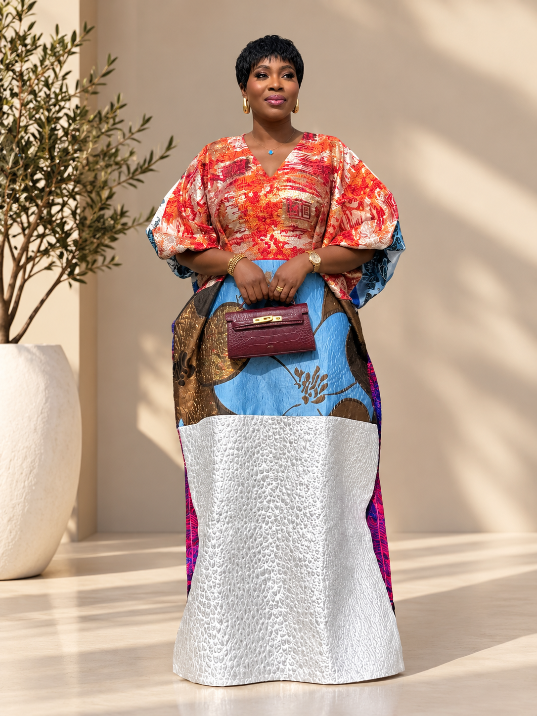 Luxury Mixed Brocade Boubou Dress for Women – Puff Sleeve African Kaftan