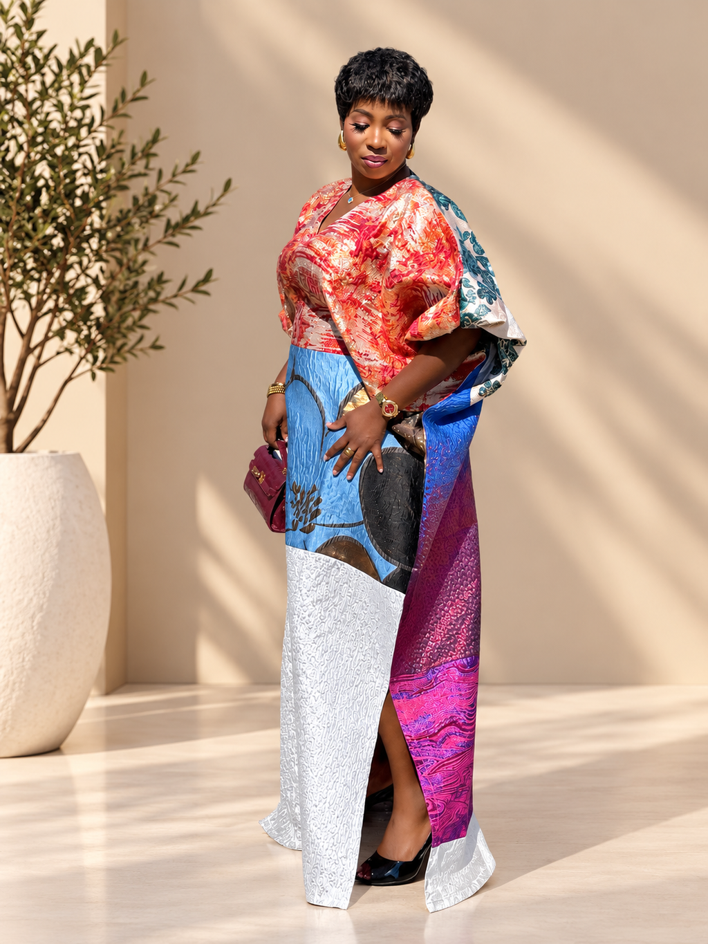 Luxury Mixed Brocade Boubou Dress for Women – Puff Sleeve African Kaftan