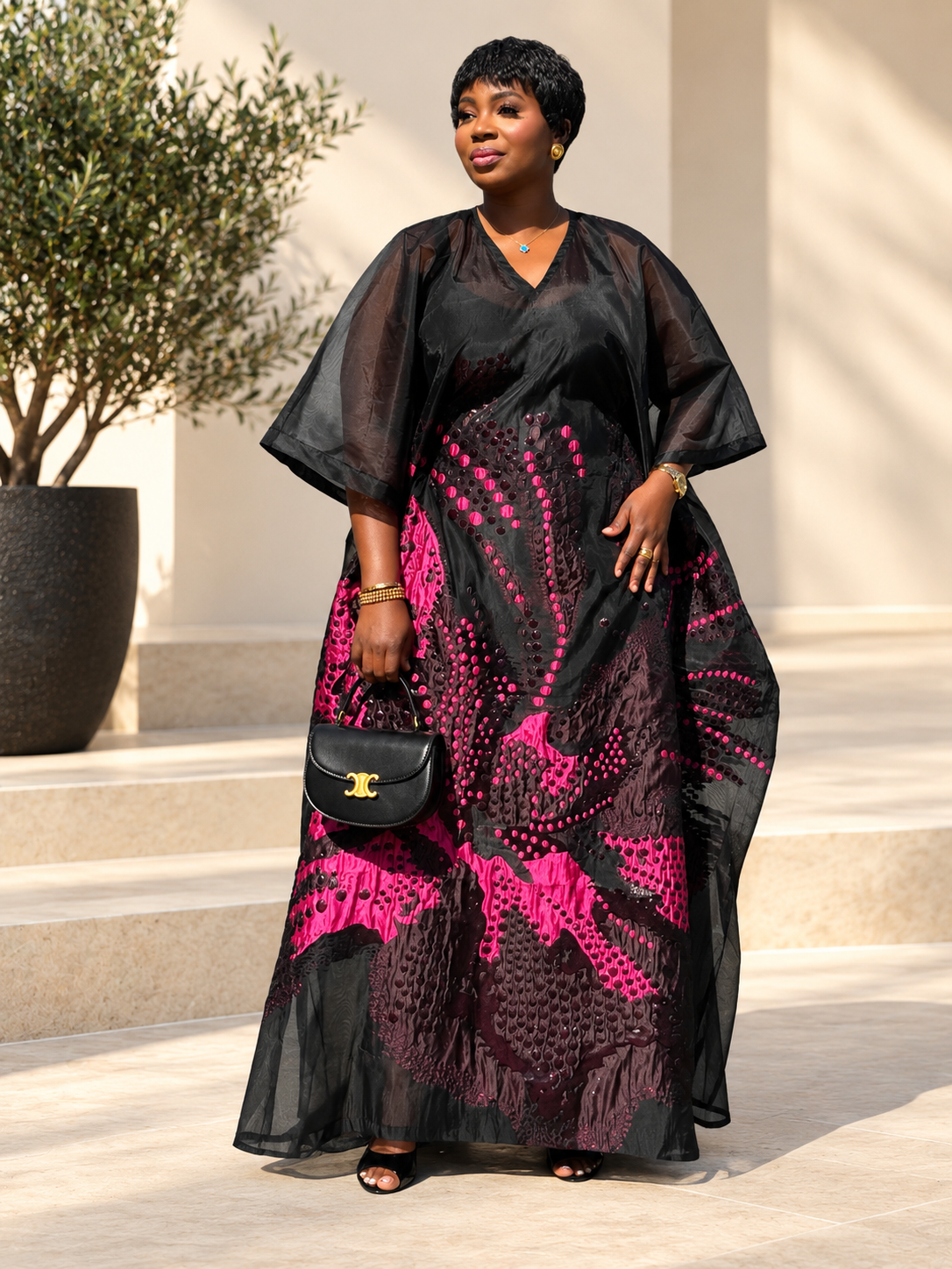 Luxury Organza Boubou Kaftan Dress with Head Wrap – One Size Fits All