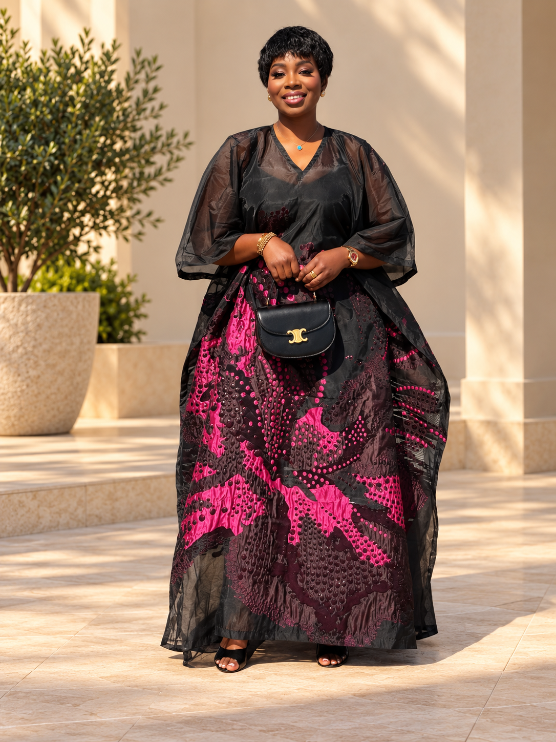 Luxury Organza Boubou Kaftan Dress with Head Wrap – One Size Fits All