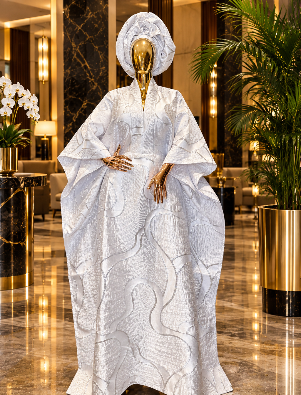 Luxury Brocade Boubou Dress with Head Wrap | Full-Length African Kaftan Dress | One Size Fits All