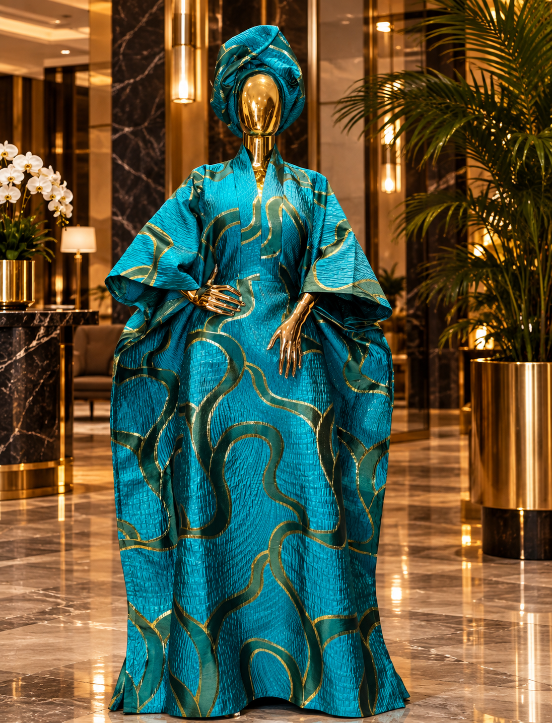 Luxury Brocade Boubou Dress with Head Wrap | Full-Length African Kaftan Dress | One Size Fits All
