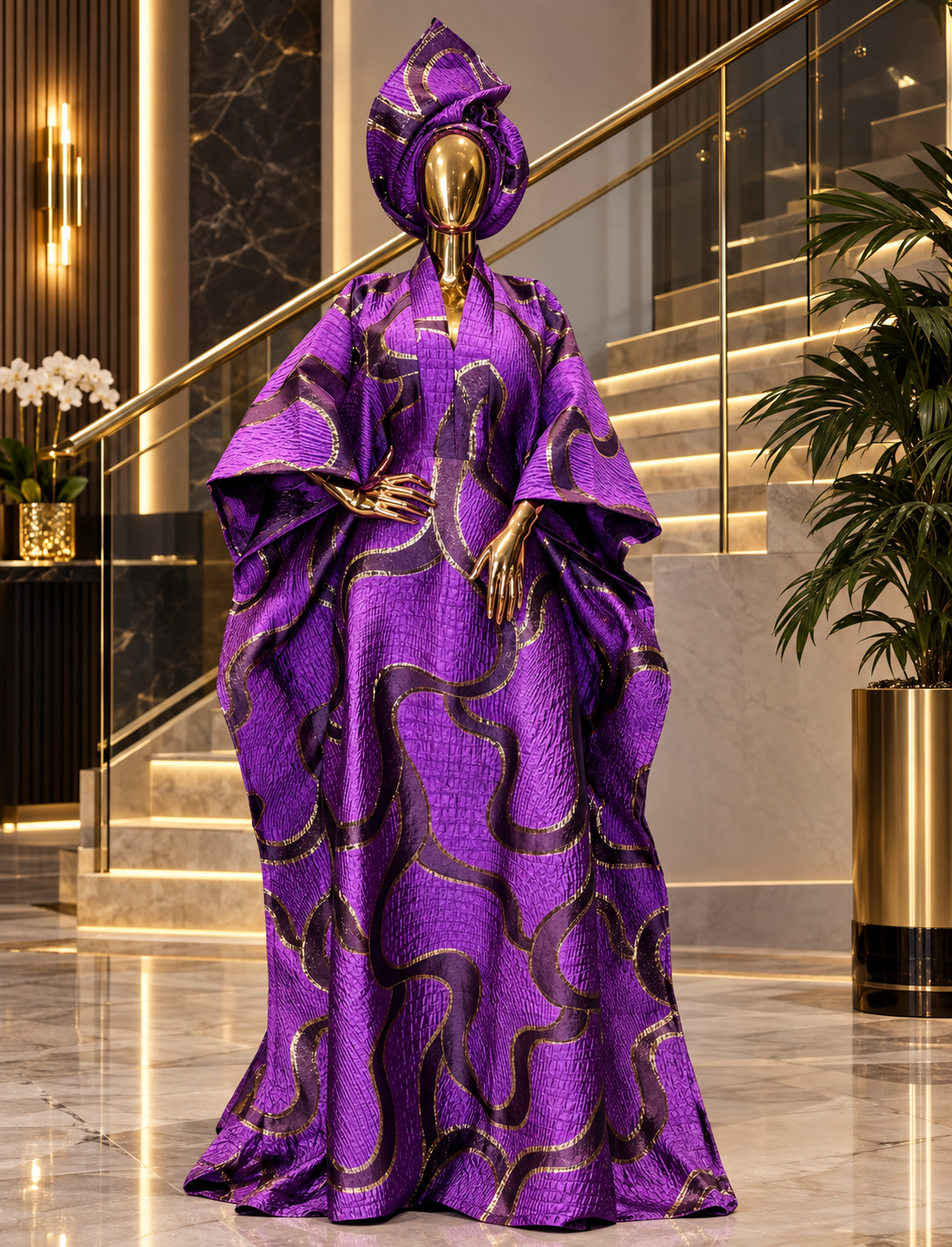Luxury Brocade Boubou Dress with Head Wrap | Full-Length African Kaftan Dress | One Size Fits All