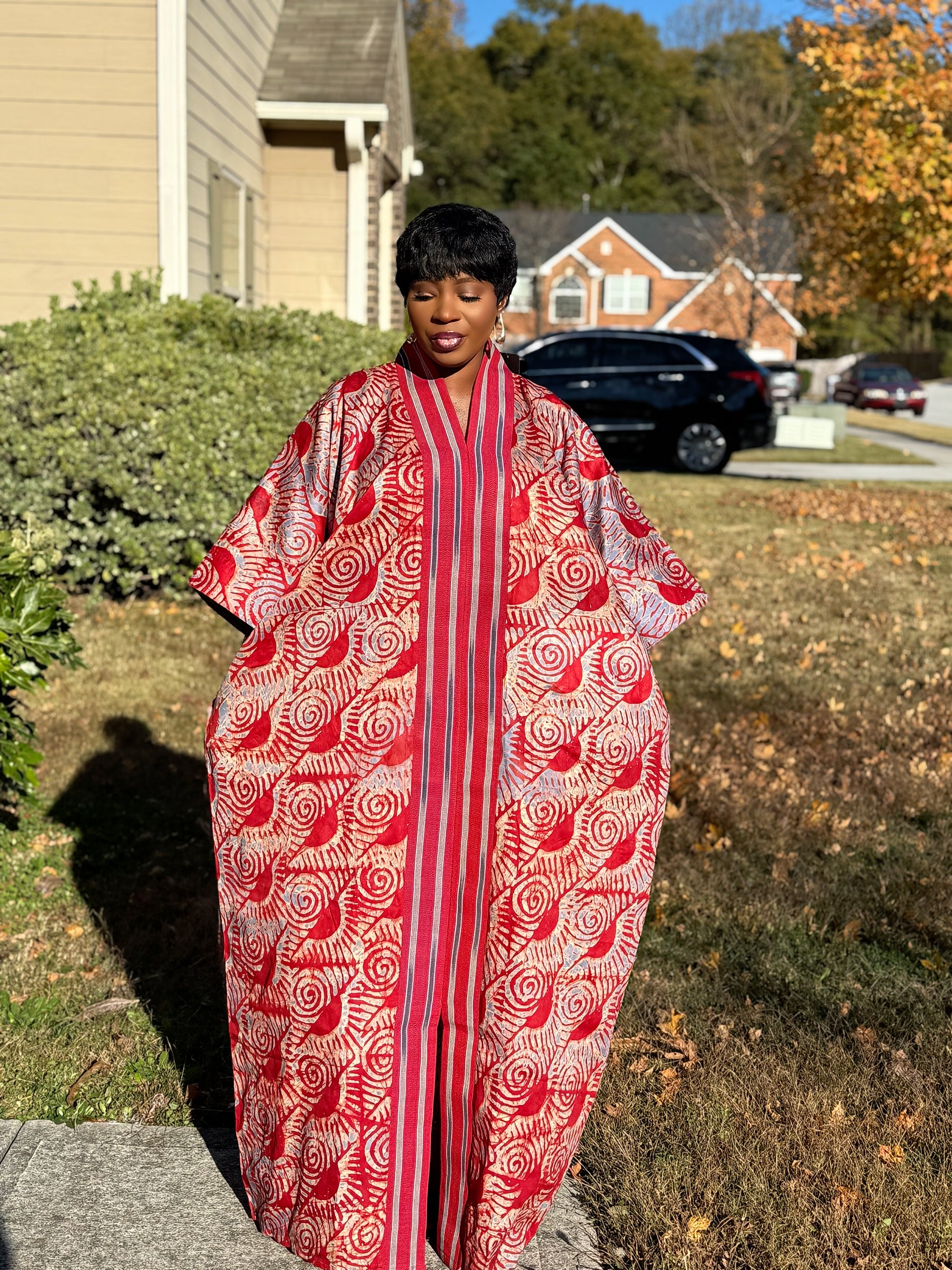 Red Luxury Cotton Adire (Tie and Dye) Bubu with head wrap