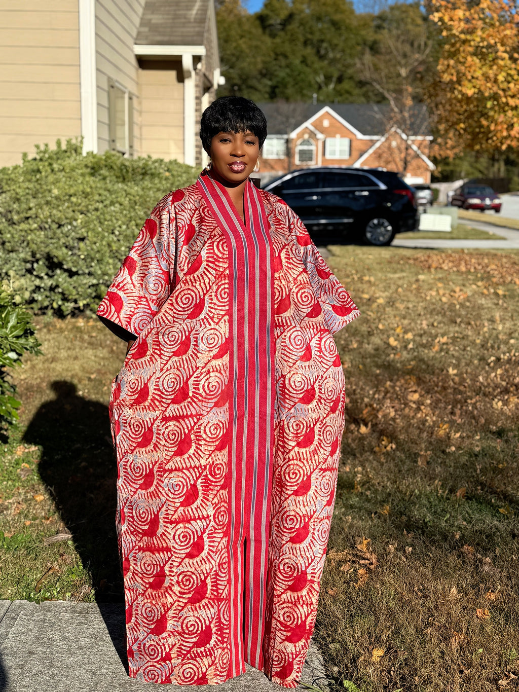 Red Luxury Cotton Adire (Tie and Dye) Bubu with head wrap