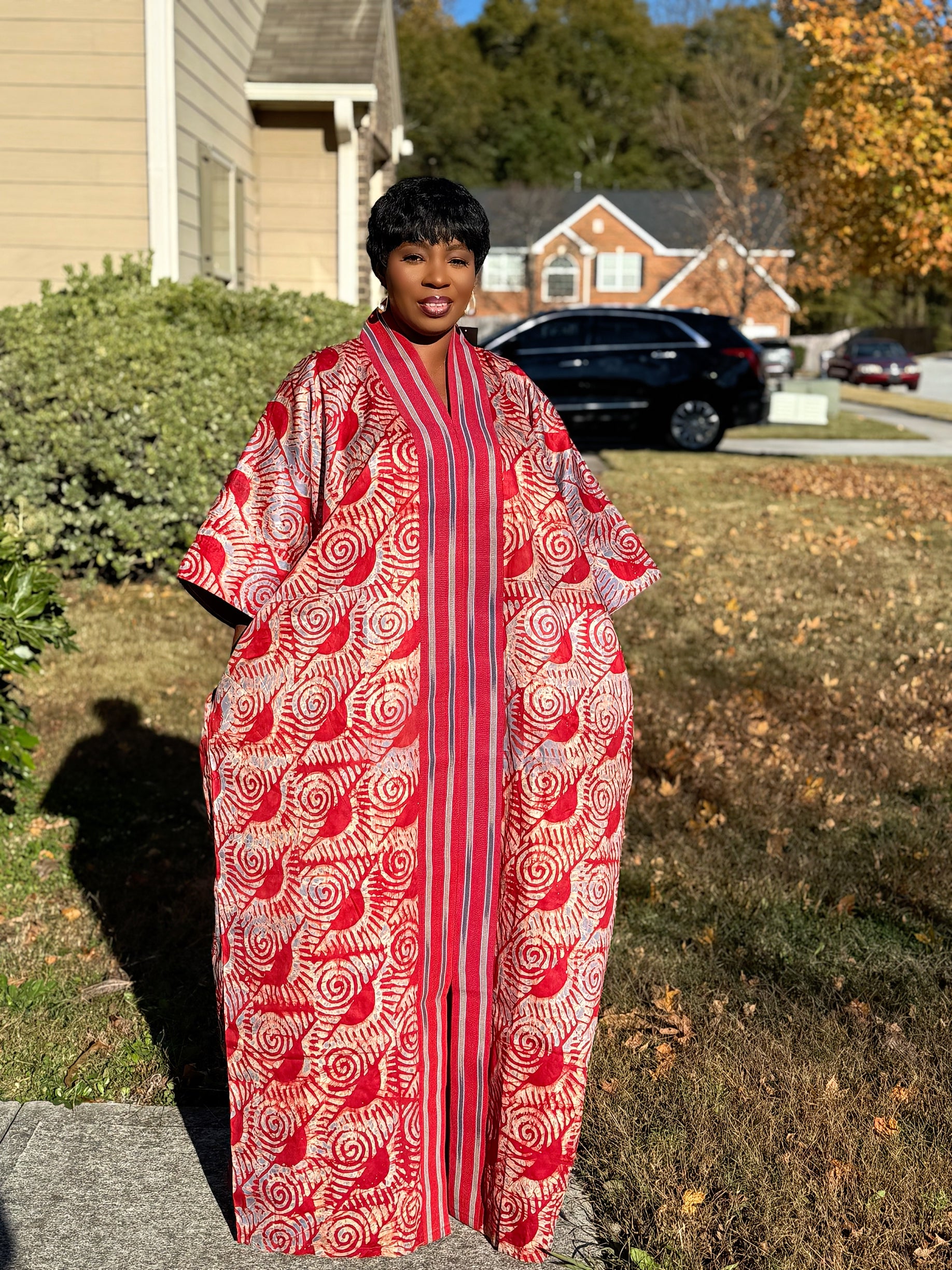 Red Luxury Cotton Adire (Tie and Dye) Bubu with head wrap