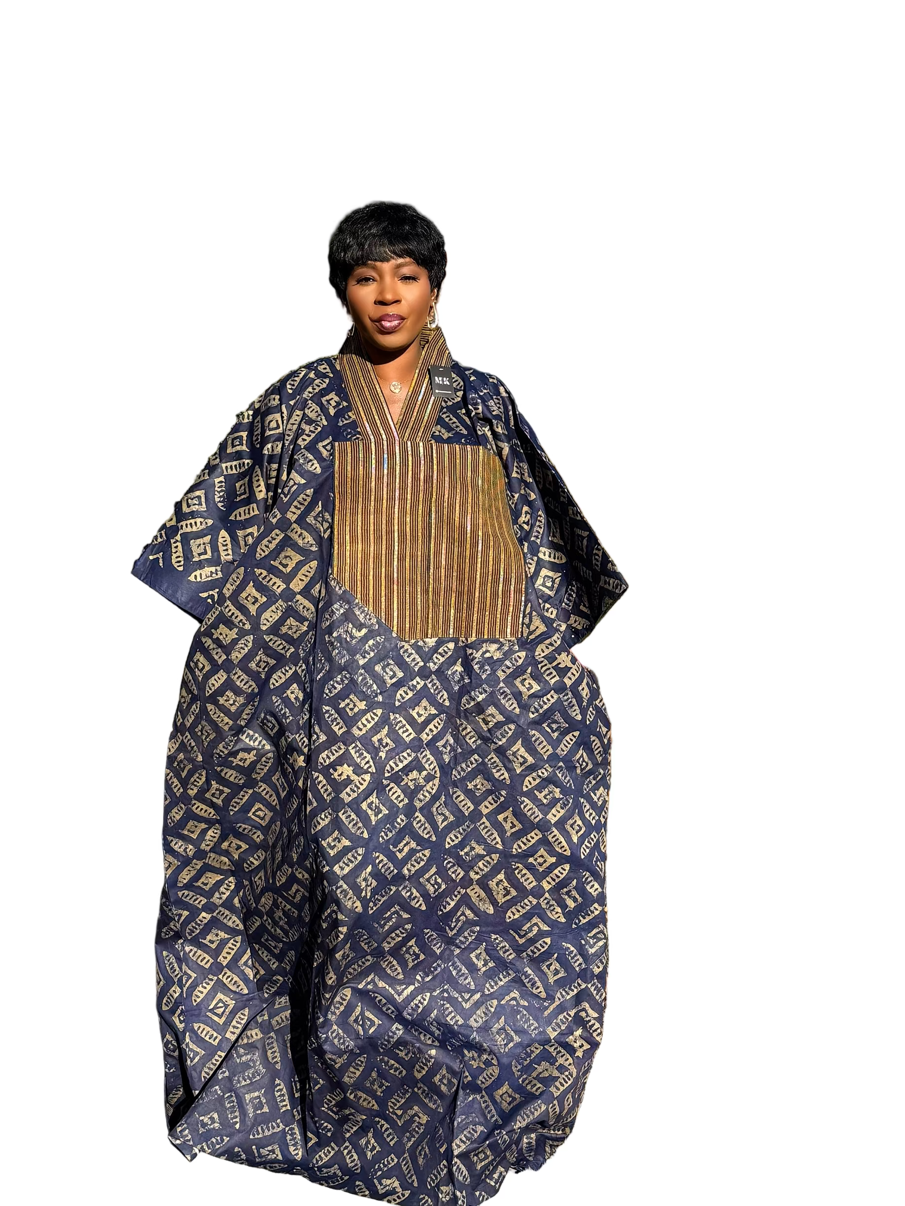 Navy Luxury Cotton Adire (Tie and Dye) Bubu with head wrap