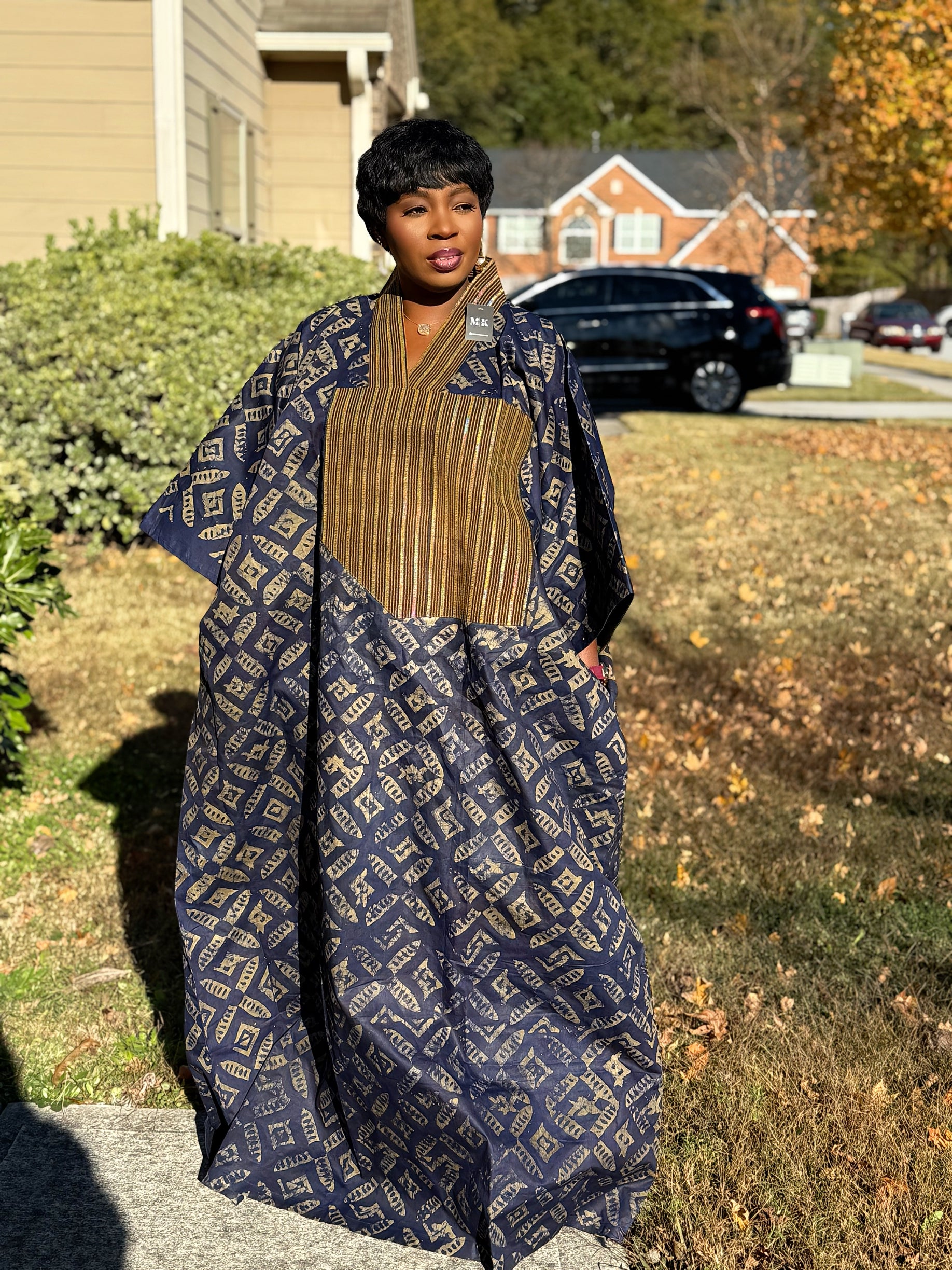 Navy Luxury Cotton Adire (Tie and Dye) Bubu with head wrap