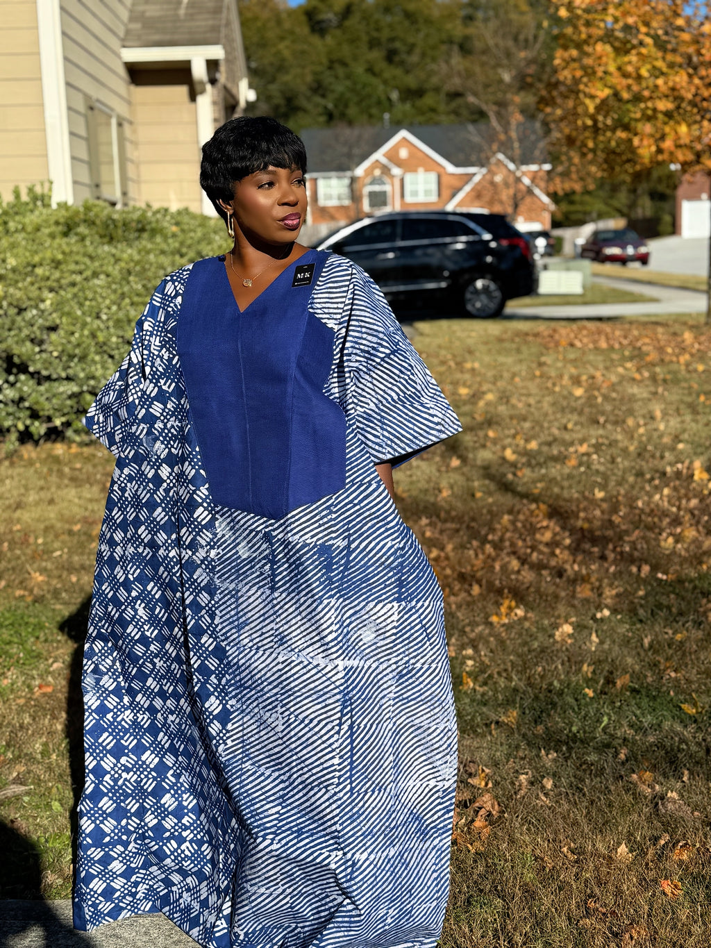 Blue Luxury Cotton Adire (Tie and Dye) Bubu with head wrap