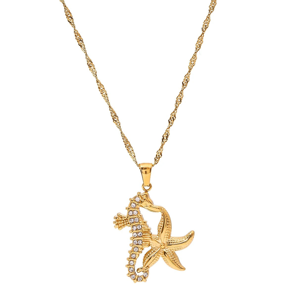 GOLDED STARFISH SEAHORSE PENDANT NECKLACE