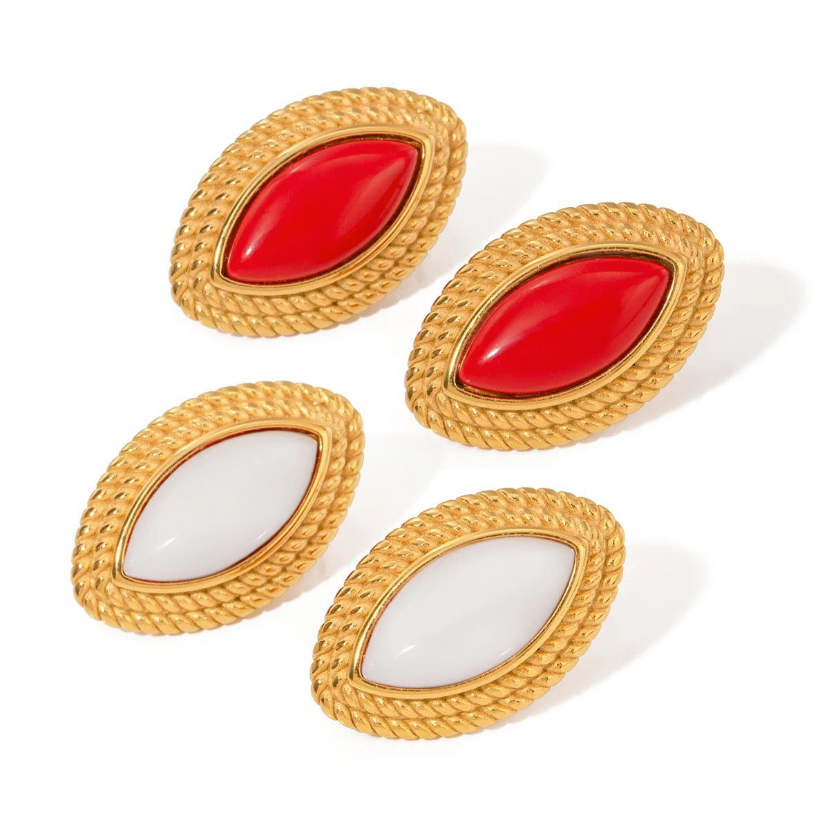 RED WHITE AGATE OVAL STUD EARRINGS