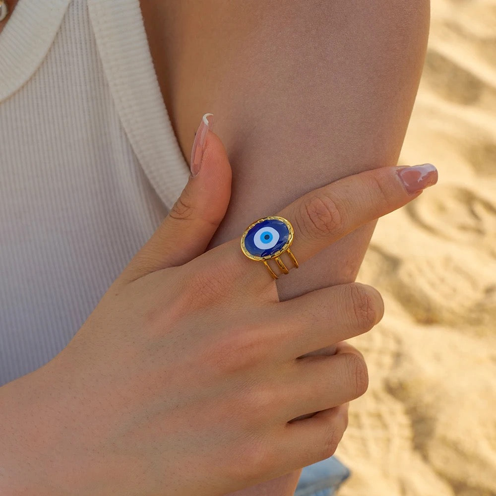 BLUE ENAMEL EVIL EYES RING