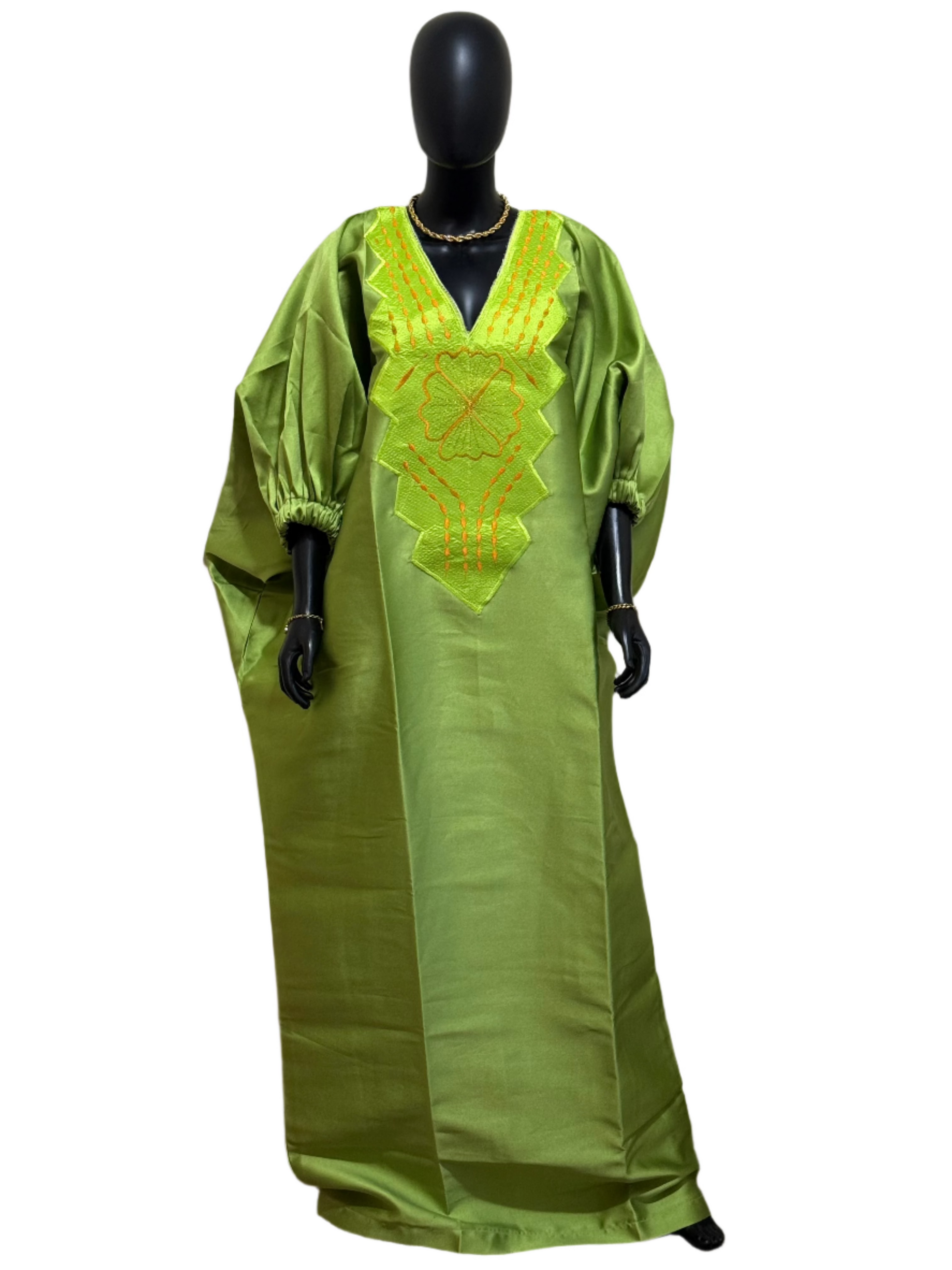 MARA Luxury Mikado Bubu Gown with Puff Sleeves & Embroidered Neckline – 65” + Head Wrap