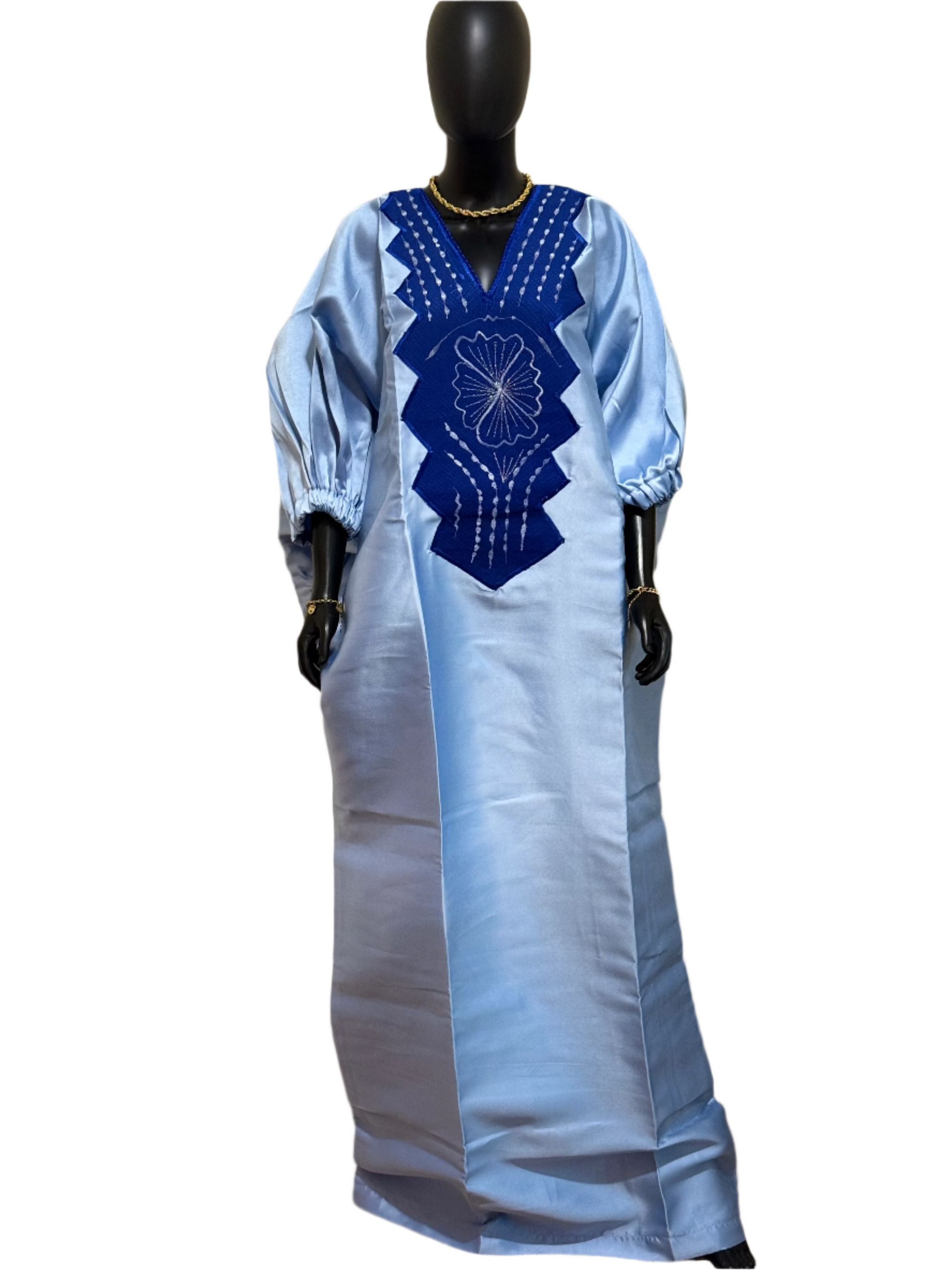 MARA Luxury Mikado Bubu Gown with Puff Sleeves & Embroidered Neckline – 65” + Head Wrap