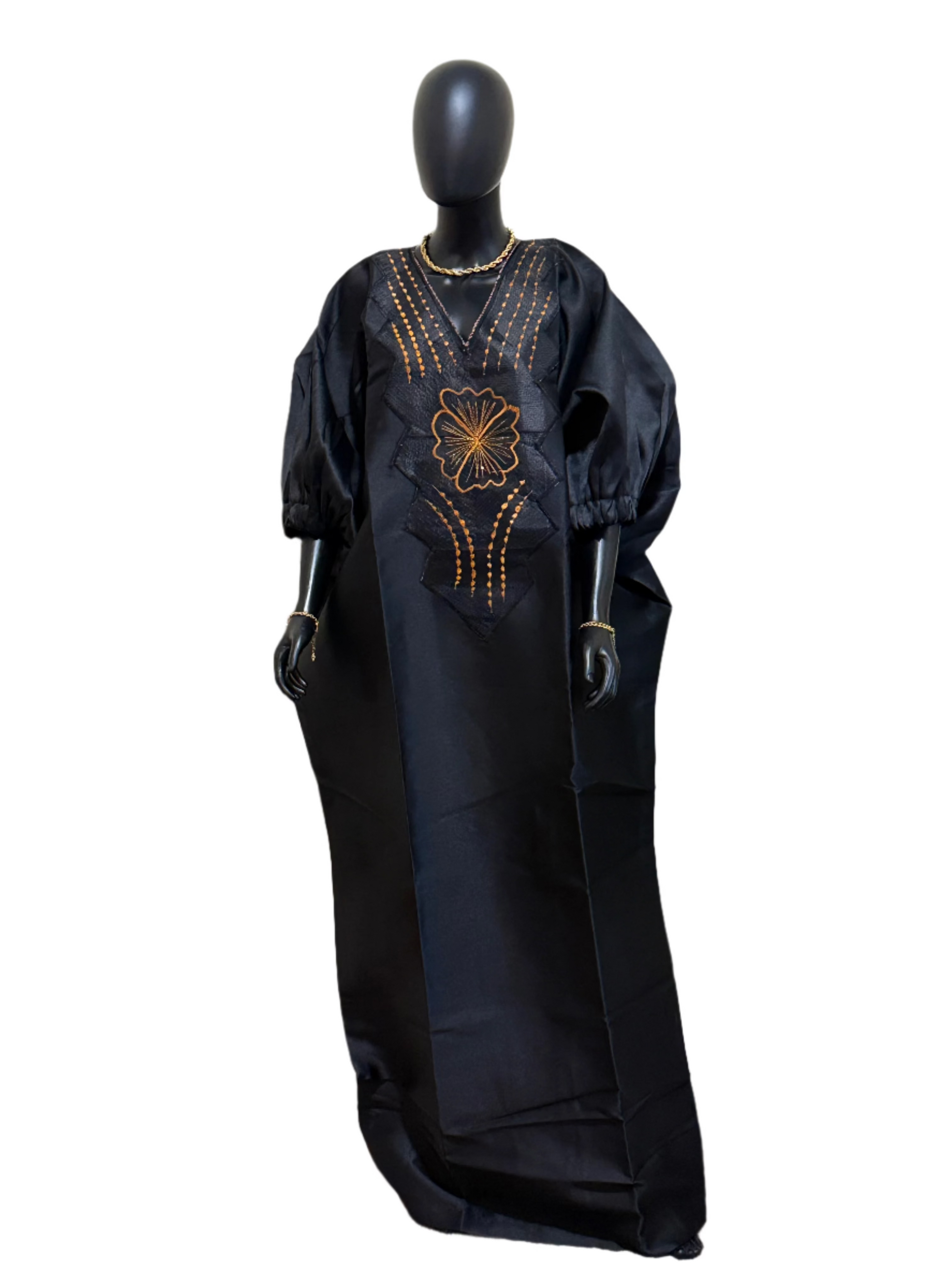 MARA Luxury Mikado Bubu Gown with Puff Sleeves & Embroidered Neckline – 65” + Head Wrap