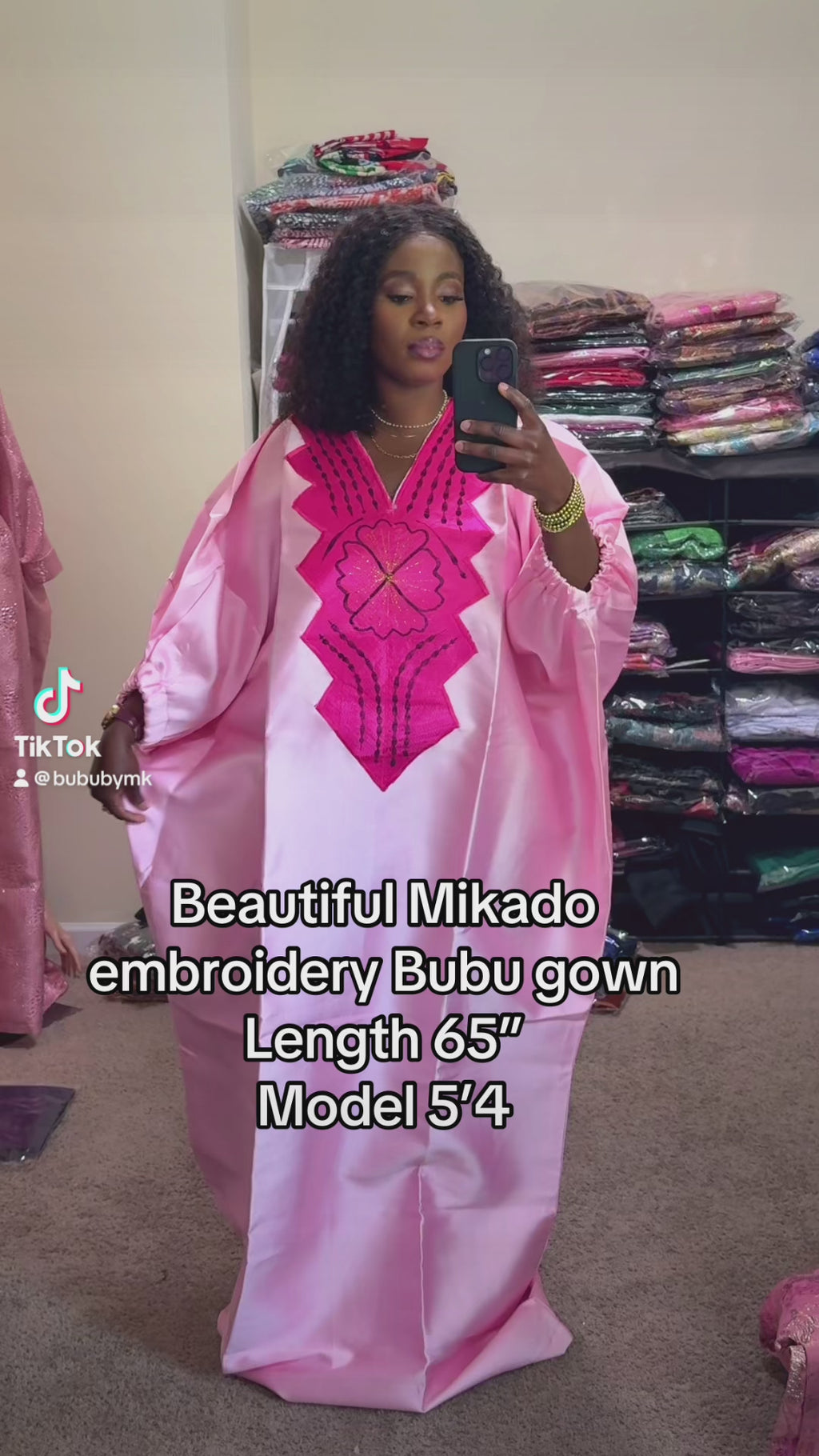 MARA Luxury Mikado Bubu Gown with Puff Sleeves & Embroidered Neckline – 65” + Head Wrap