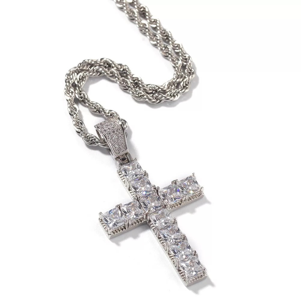 SQUARE CUT ICY CROSS NECKLACE