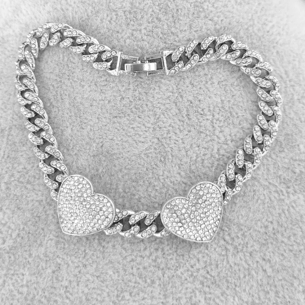 Double Heart Icy Cuban Link Anklet