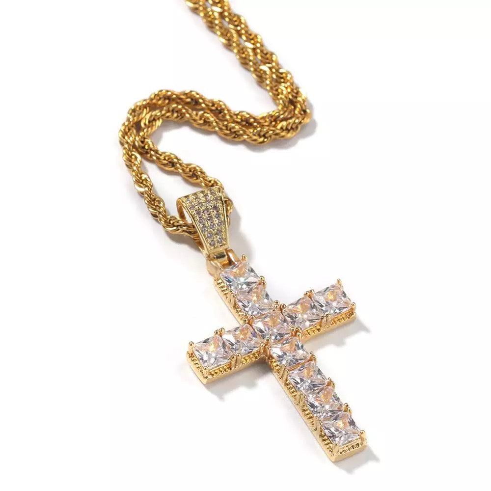 SQUARE CUT ICY CROSS NECKLACE