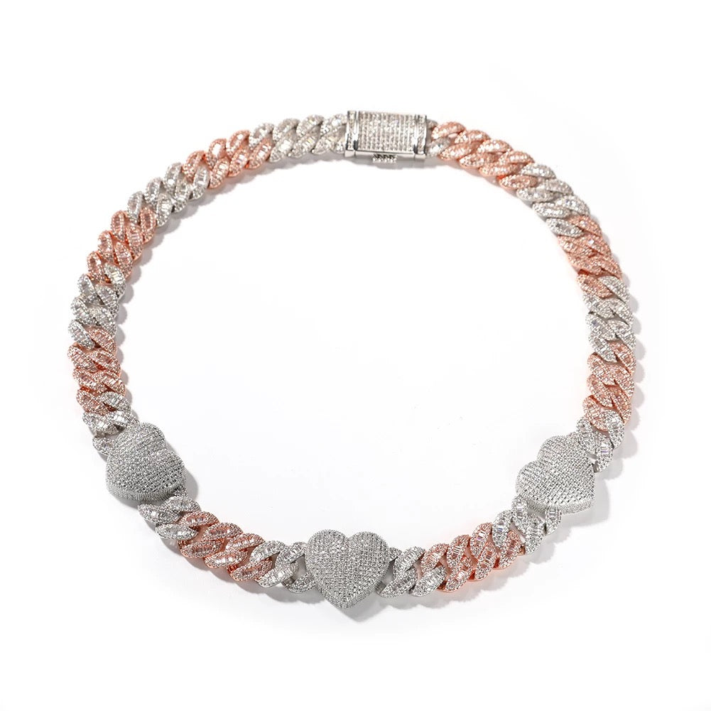 TWO TONED BAGUETTE HEART NECKLACE