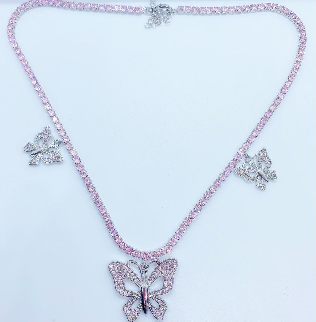 BABY PINK BUTTERFLY TENNIS NECKLACE