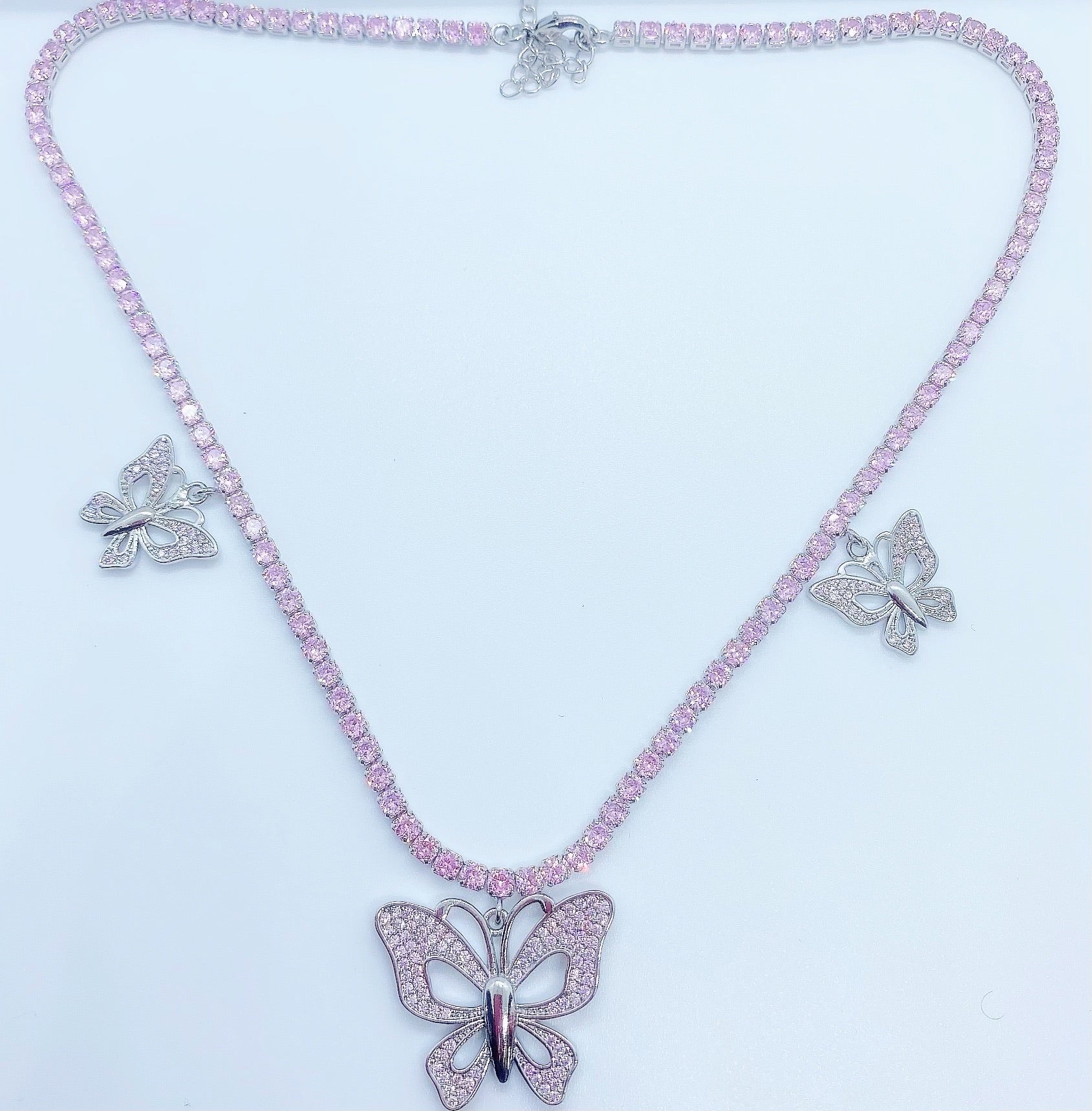 BABY PINK BUTTERFLY TENNIS NECKLACE